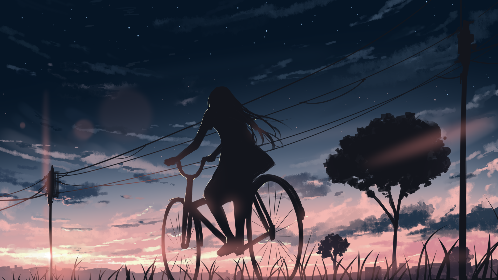 Anime Girls Bicycle Sunset Sky Power Lines Trees Clouds Arttssam 1920x1080