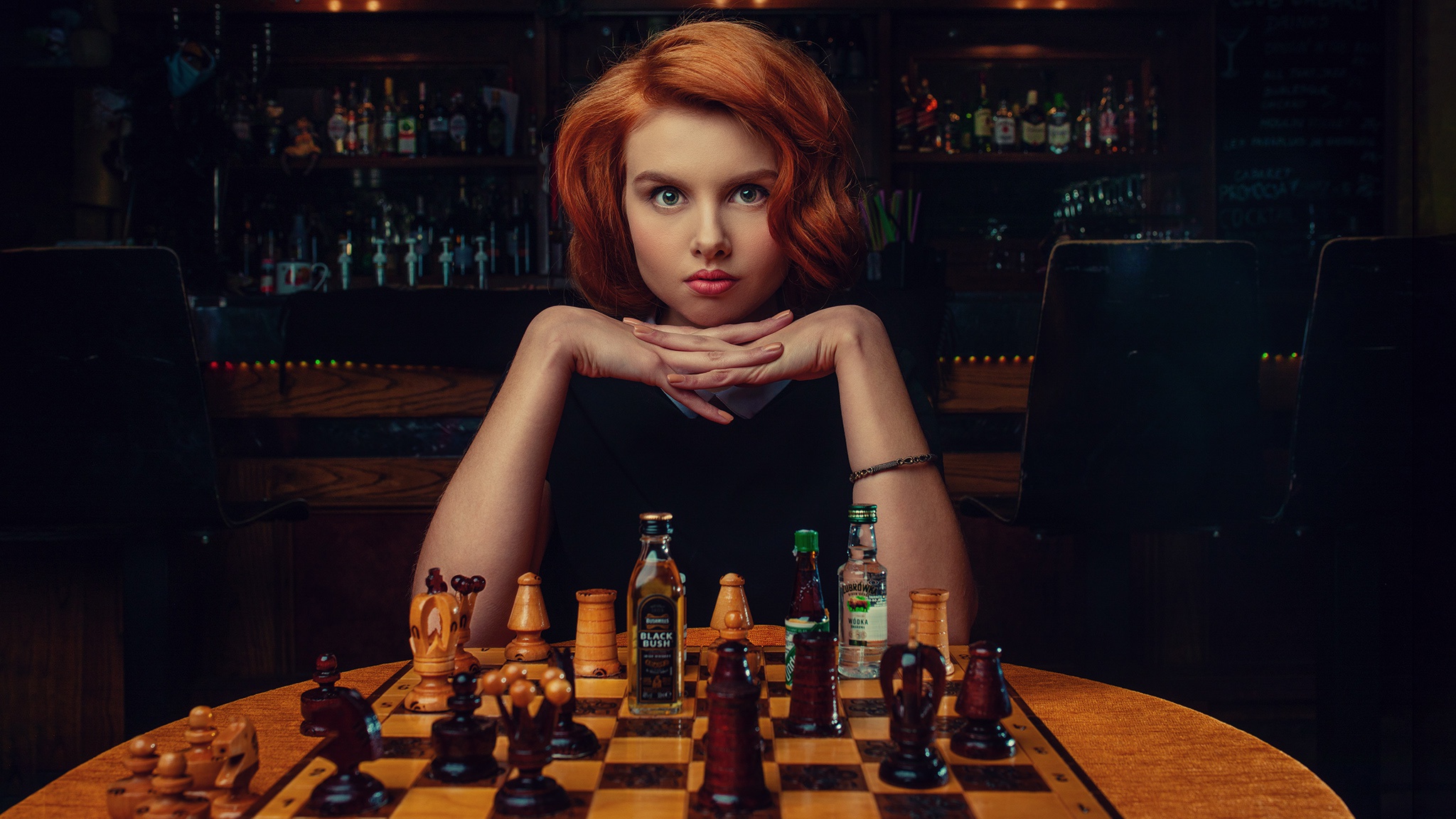 Women Looking At Viewer Chess Board Games Redhead Bottles Makeup Women Indoors Indoors Lipstick Red  2048x1152