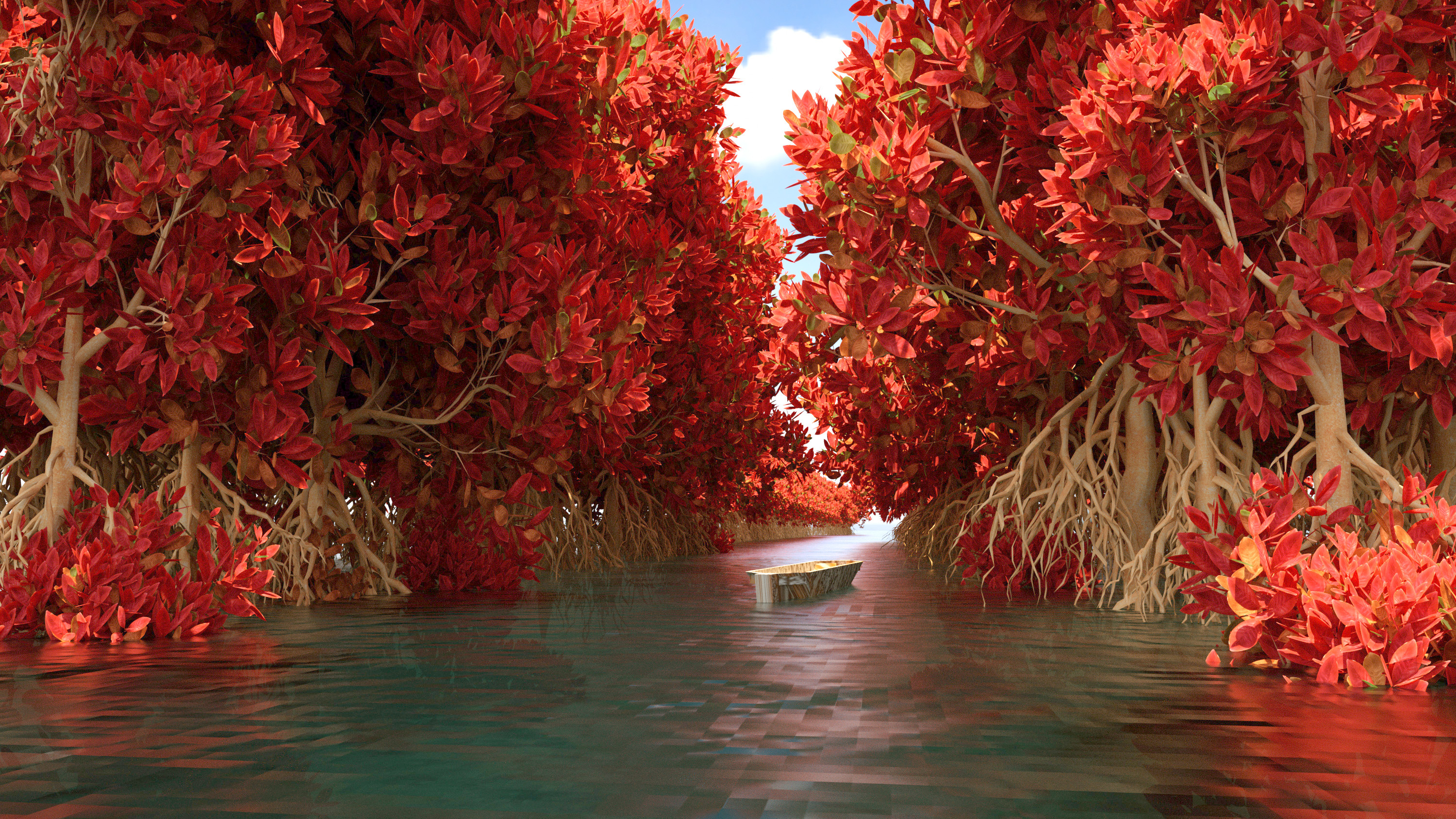 Kurt Ian Ferrer Fan Art Landscape River Lake Trees Red Leaves Reflection Digital Painting Boat Digit 3000x1687