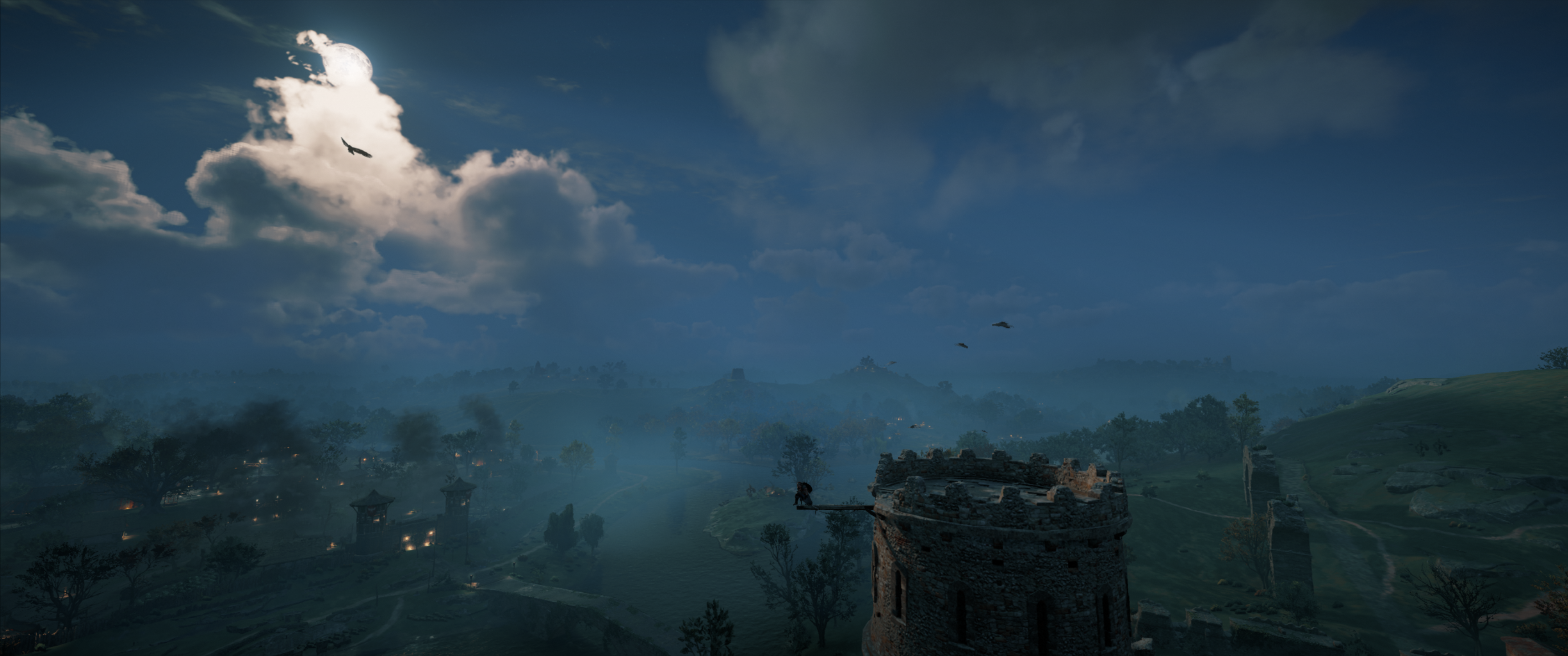 Assassins Creed Assassins Creed Valhalla Landscape Clouds Sun Structure Blue Trees Flag Green Yellow 3440x1440