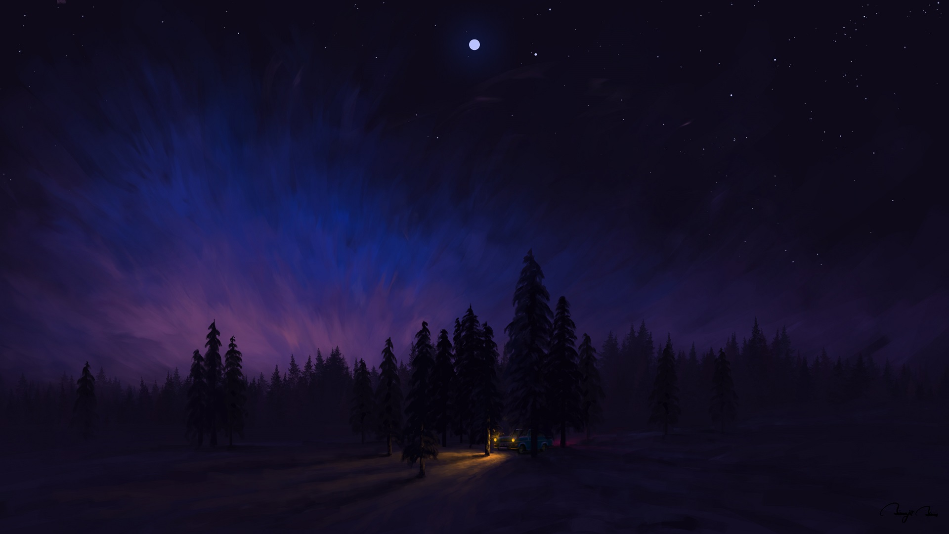 Digital Painting Artwork Night Forest Car Sky BisBiswas 1920x1080