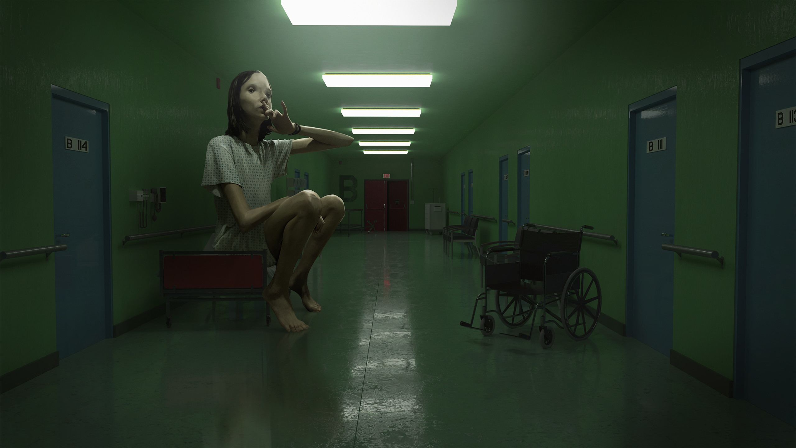 Doug Williams Artwork Hospital Asylum Digital Painting Digital Art Creature Young Woman Women White  2560x1440