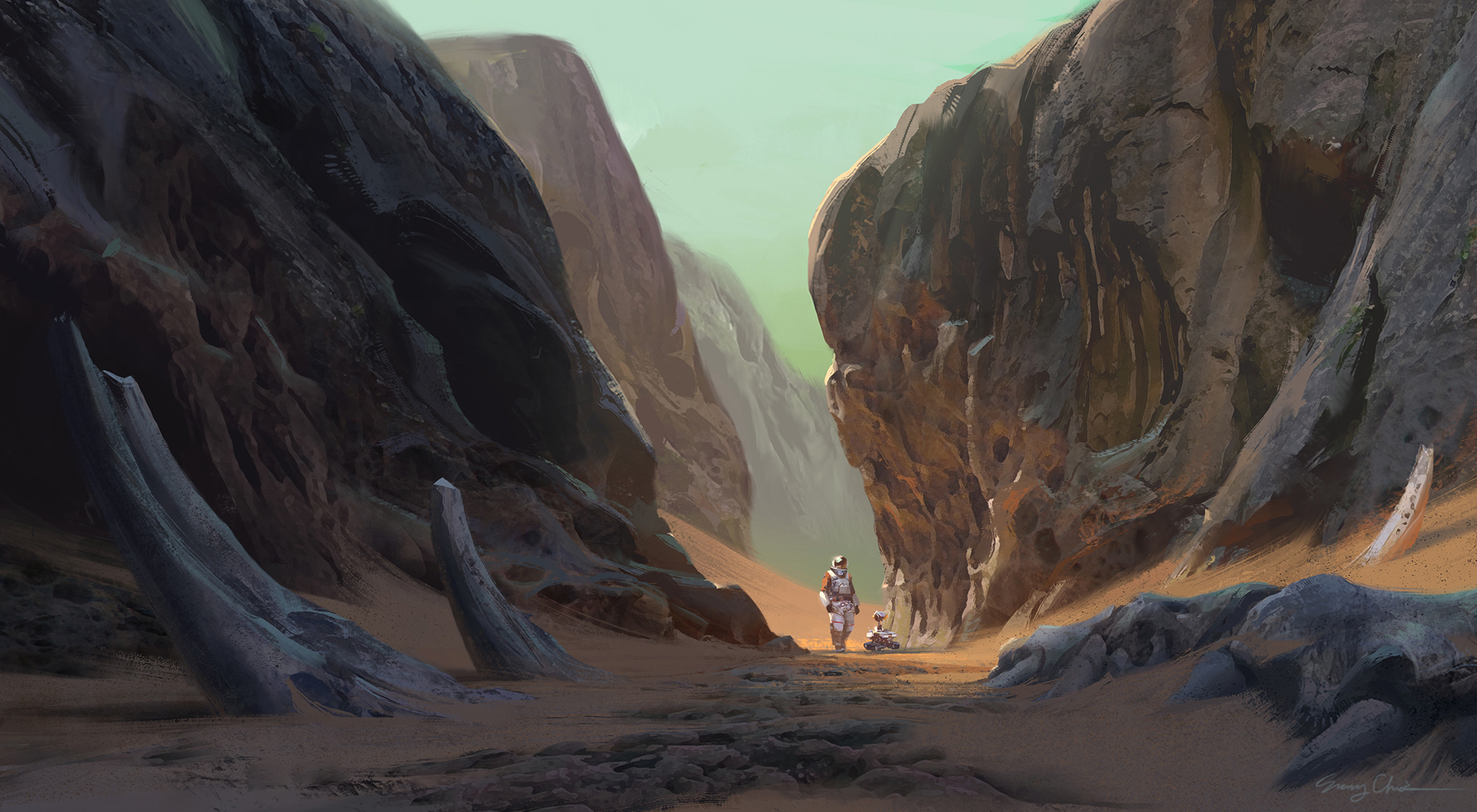 Artwork Digital Art Cliff Astronaut Bones Rocks Desert Landscape 1920x1056