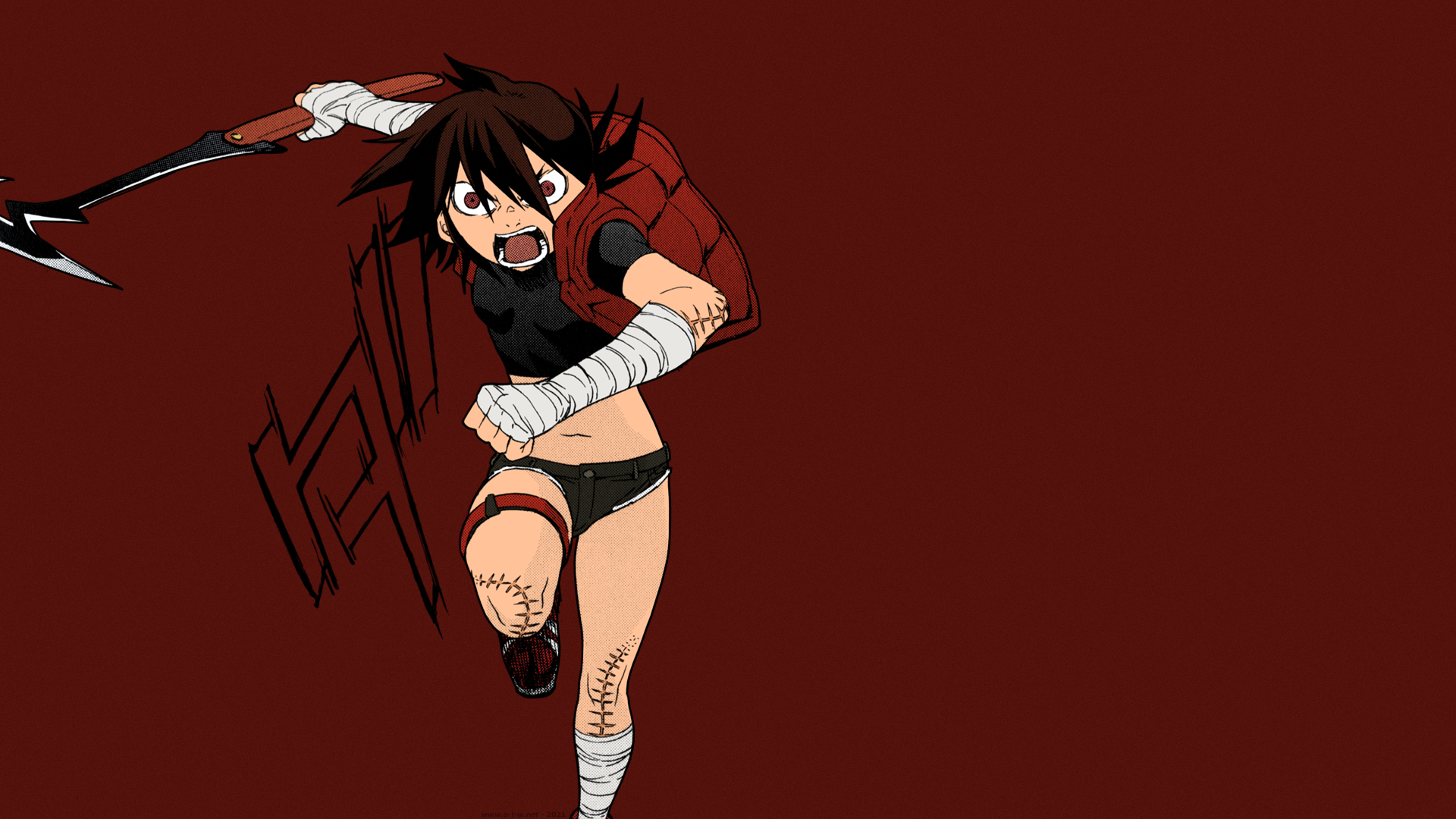Trash D P Shirato Marin Short Hair Brunette Short Pants Tomboys Scars Bandage Angry Weapon Axes Red  1920x1080