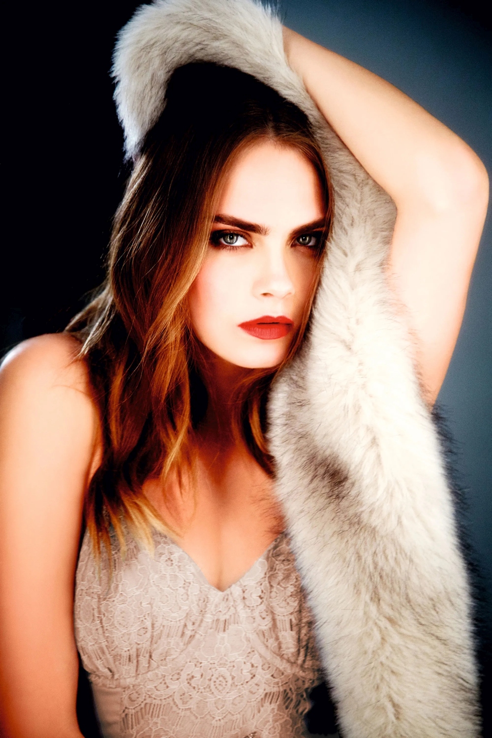 Cara Delevingne Women Model Actress Long Hair Indoors Fashion Blue Eyes Fur 1000x1500