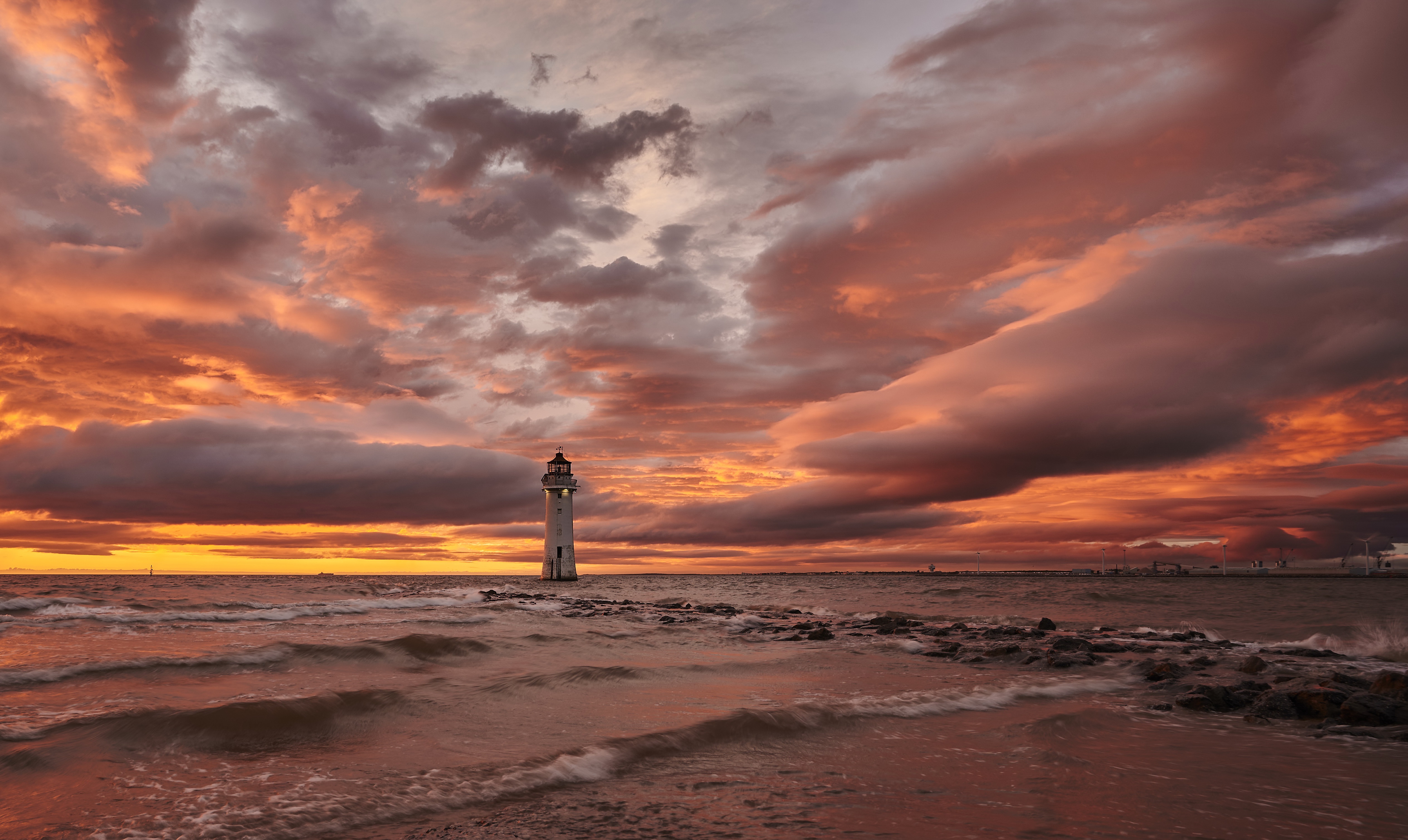 Lighthouse Sea Shore Sunset 5055x3018