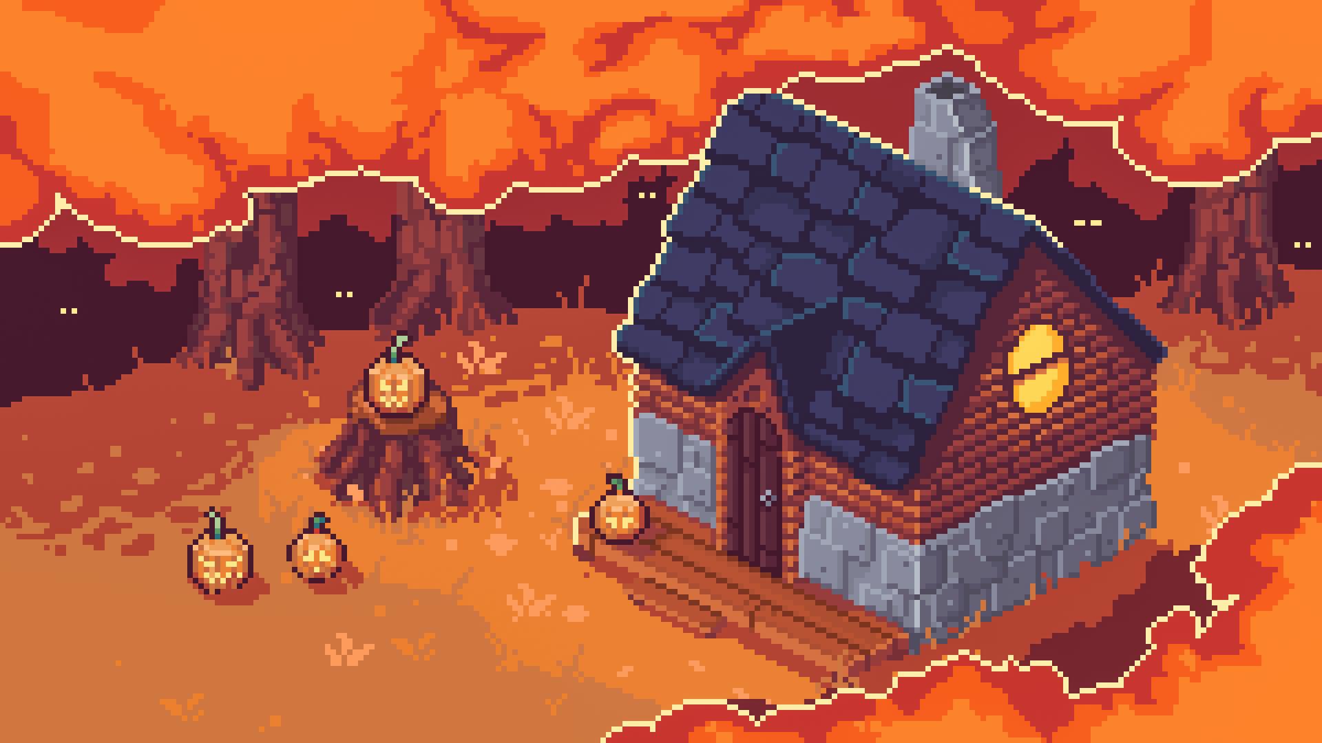 Pixel Art Building Pumpkin Halloween Jack O Lantern 1920x1080