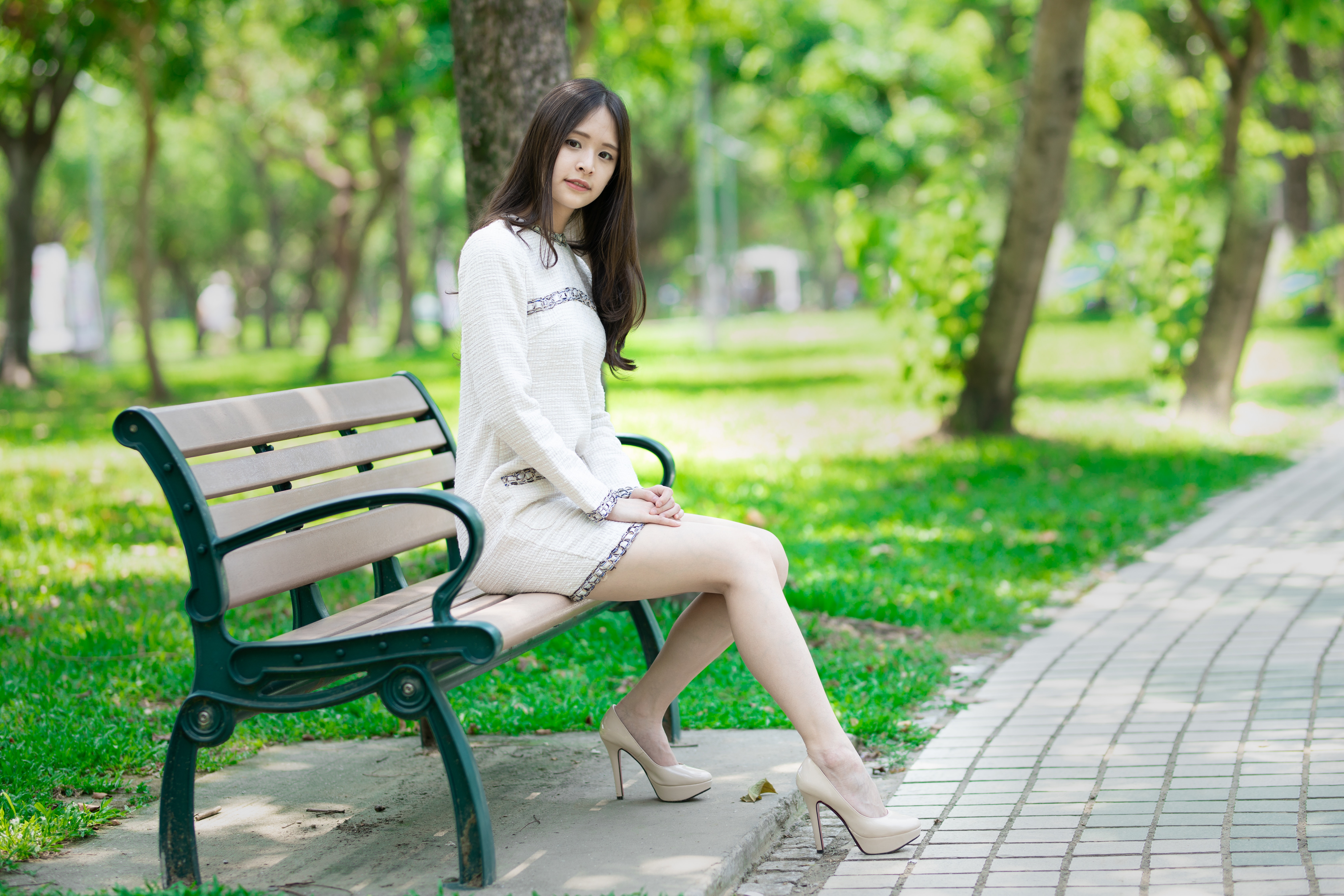 Asian Women Sitting Bench Dress White Dress Legs High Heeled Shoes Brunette Eyes Looking At Viewer T 6720x4480