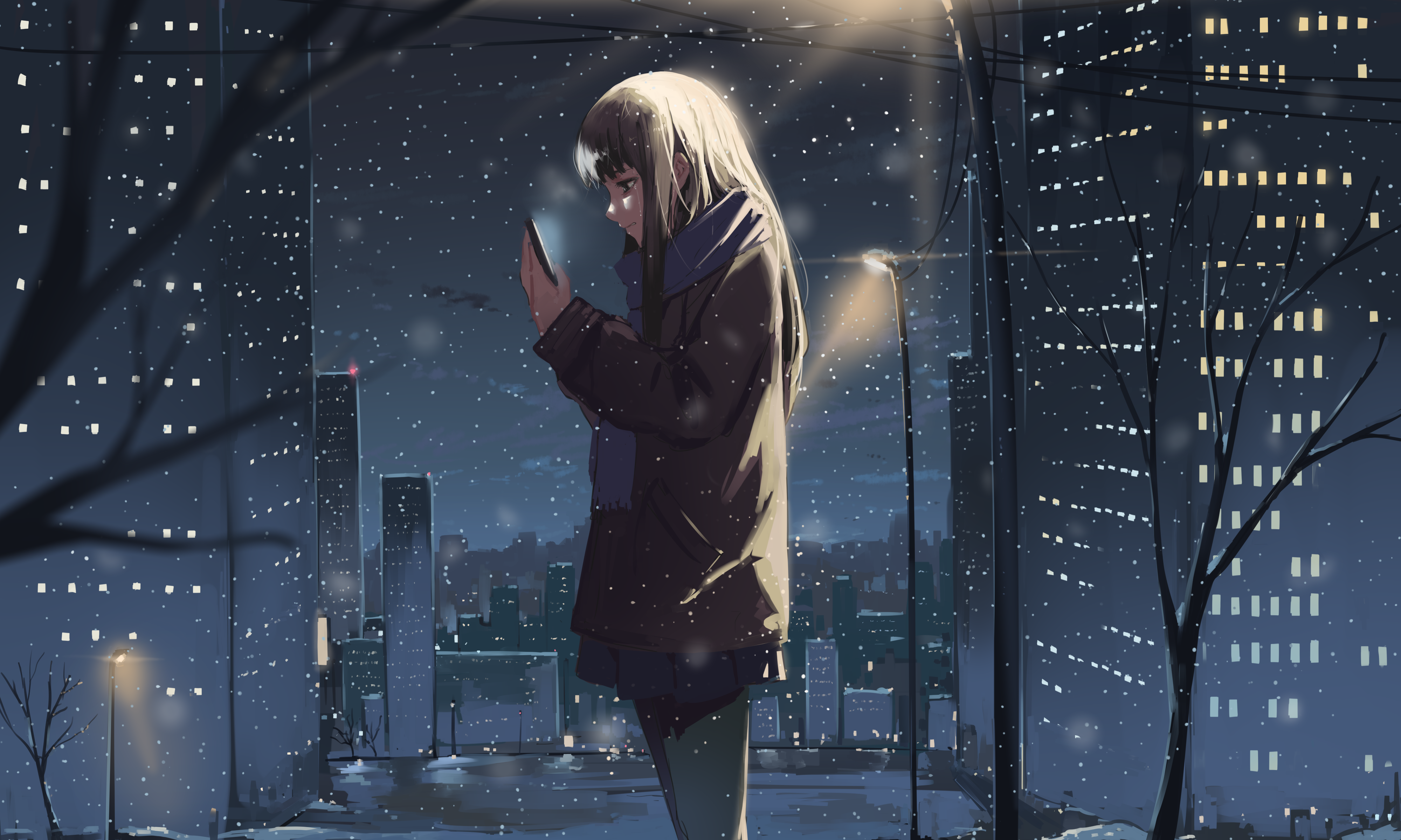 Anime Girls Night Cityscape Winter Original Characters Arttssam 4000x2400