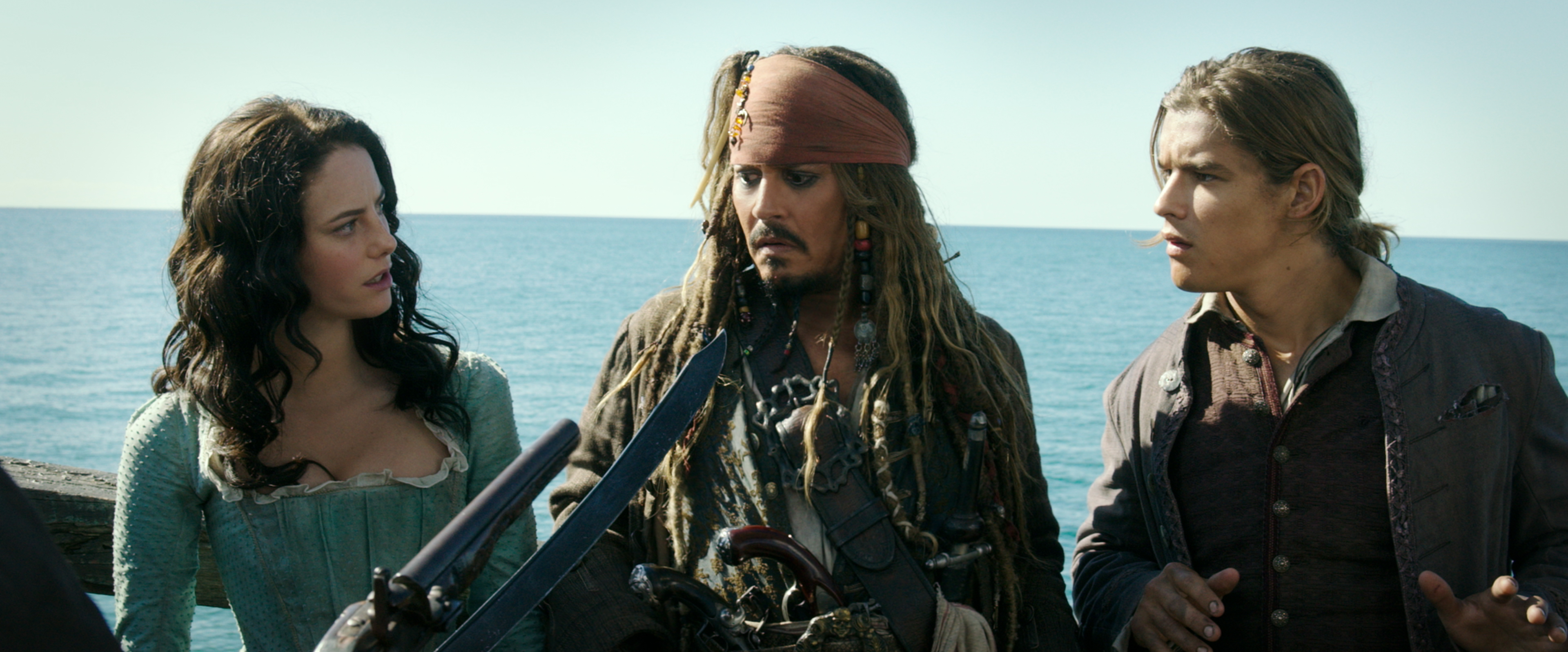 Brenton Thwaites Carina Smyth Henry Turner Jack Sparrow Johnny Depp Kaya Scodelario Pirates Of The C 3840x1596