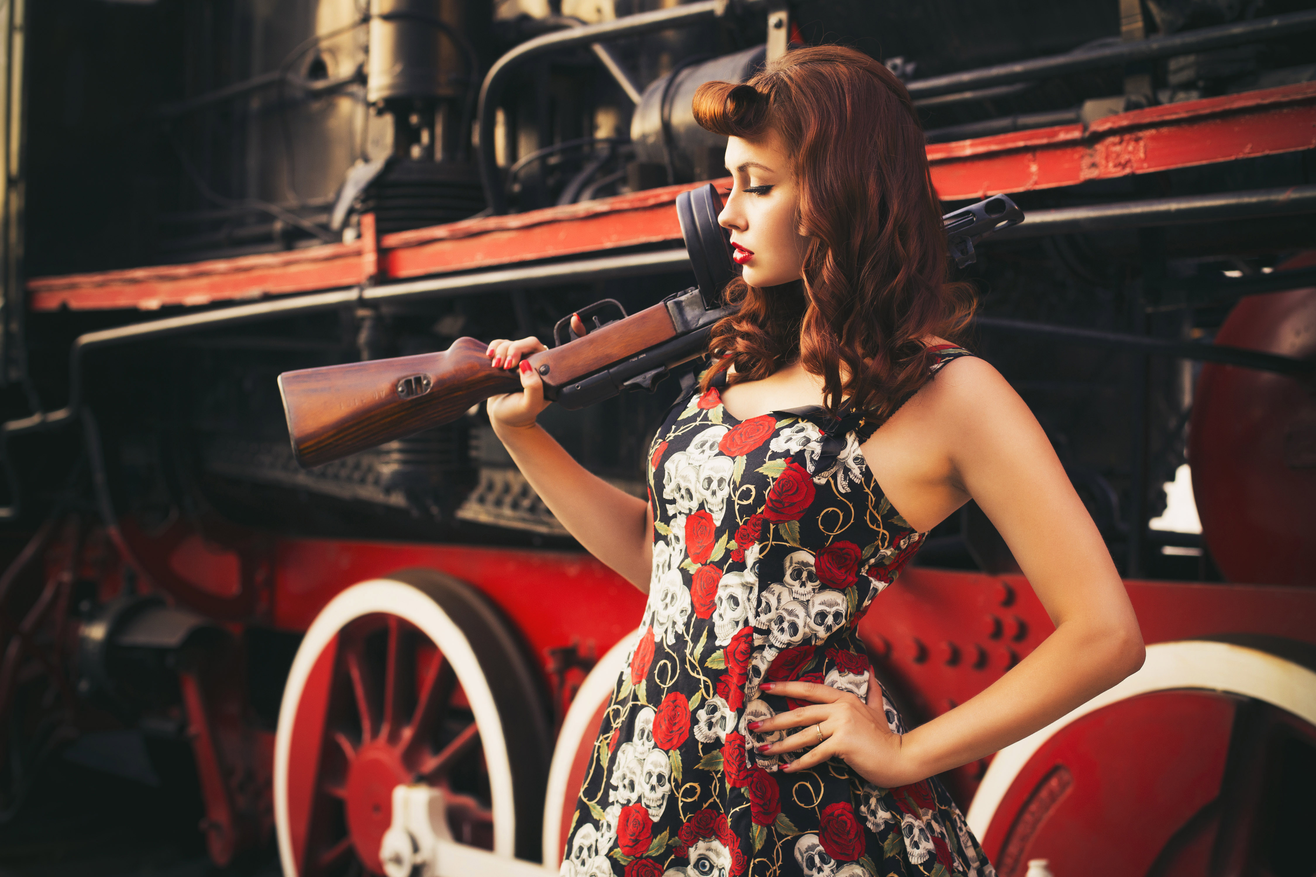 Dress Girl Lipstick Machine Gun Model Redhead Woman 4500x3000