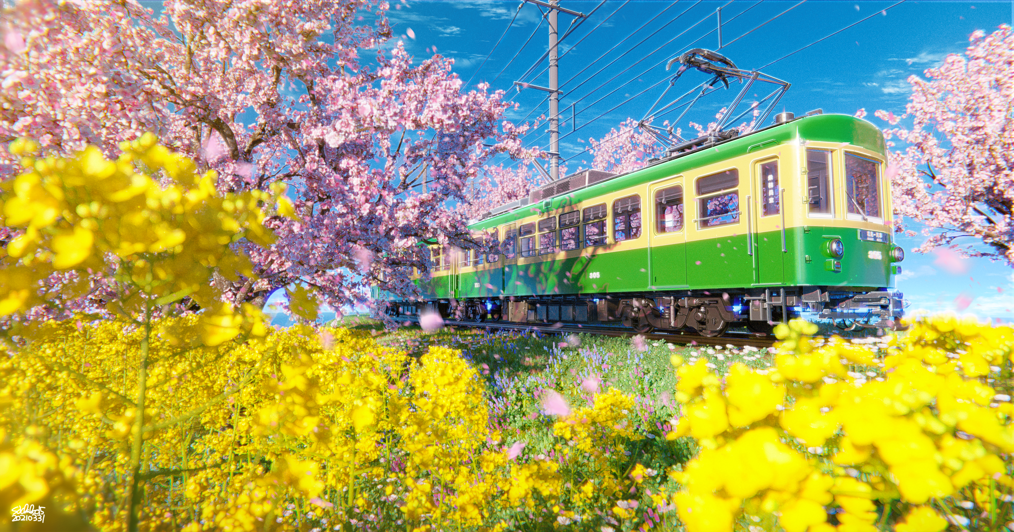 Digital Art Train Sakura Tree Artwork 4000x2100