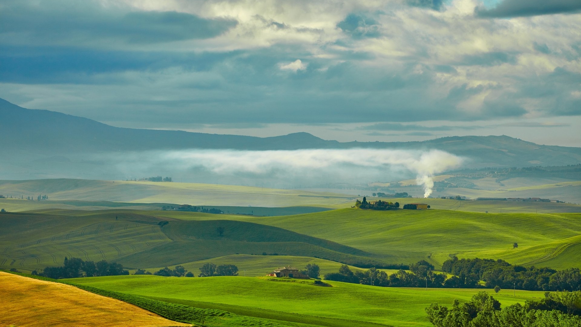 Nature Landscape Trees Tuscany Hill Italy Mist Field Grass Clouds 1920x1080