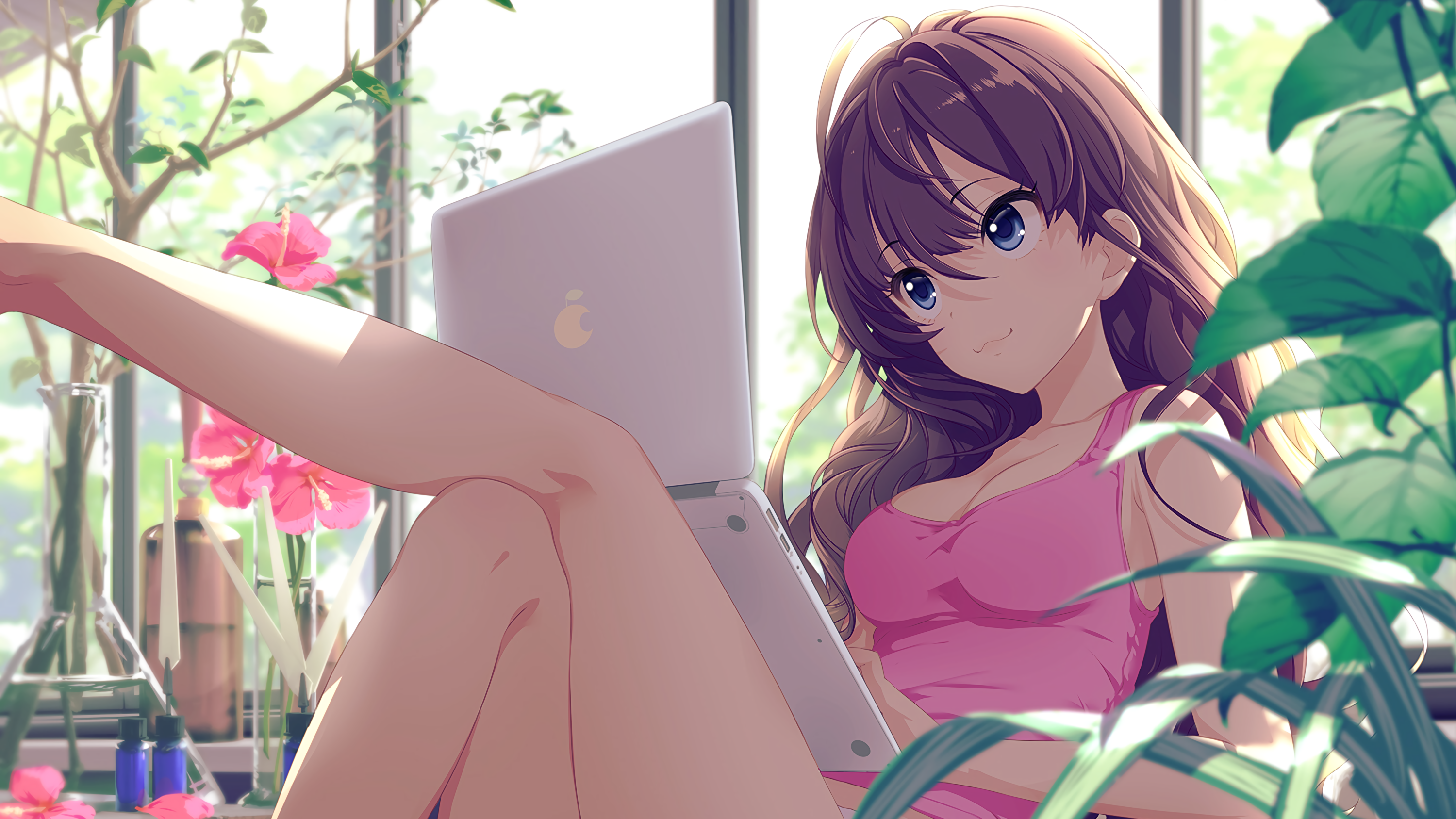 Anime Girls THE IDOLM STER Cinderella Girls Ichinose Shiki Legs Crossed Laptop Anime Tank Top Brunet 3000x1688