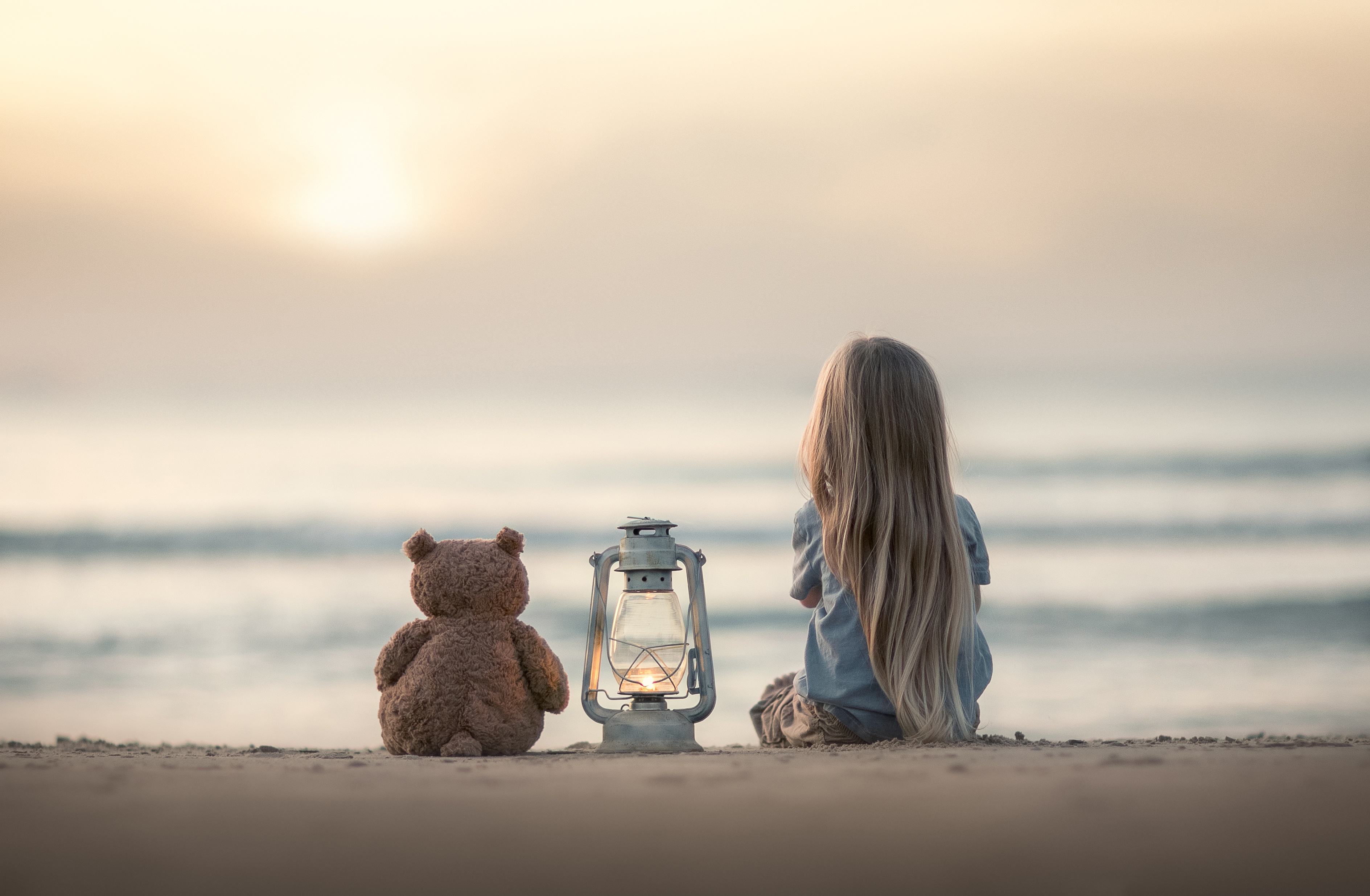 Beach Blonde Child Depth Of Field Girl Lantern Little Girl Long Hair Stuffed Animal Teddy Bear 3777x2471