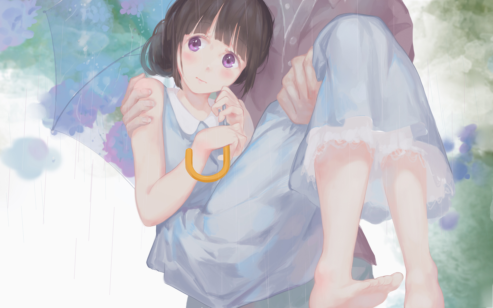 Anime Anime Girls Umbrella Purple Eyes Brunette Flowers Rain Dress Looking Away Blush Barefoot JQ Ar 1920x1200