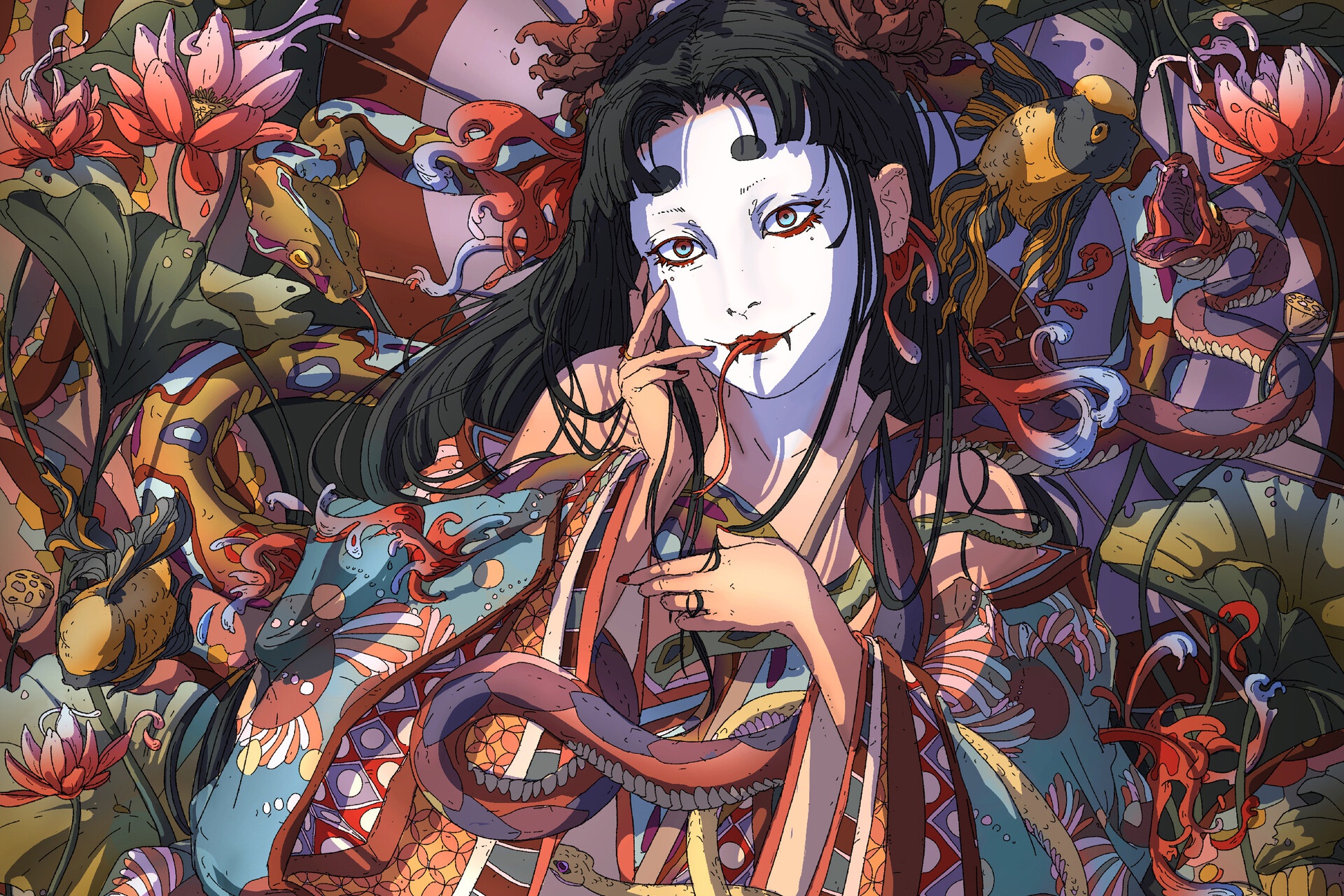 Asian Black Hair Flower Geisha Makeup Snake Woman 1920x1280