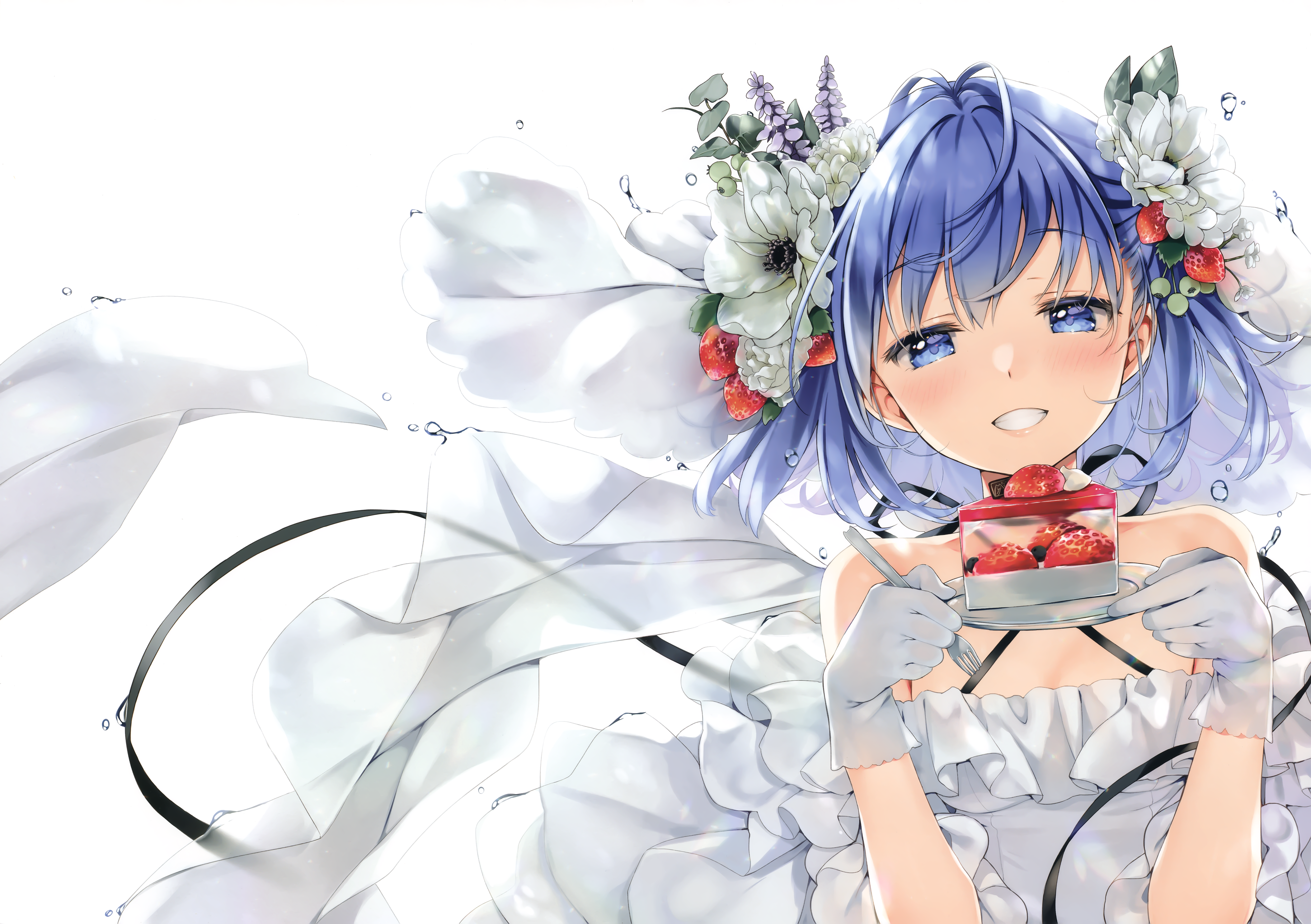 Blue Hair Blue Eyes Brides Smiling Flower In Hair Cake Anime Girls Natsume Eri 4965x3500