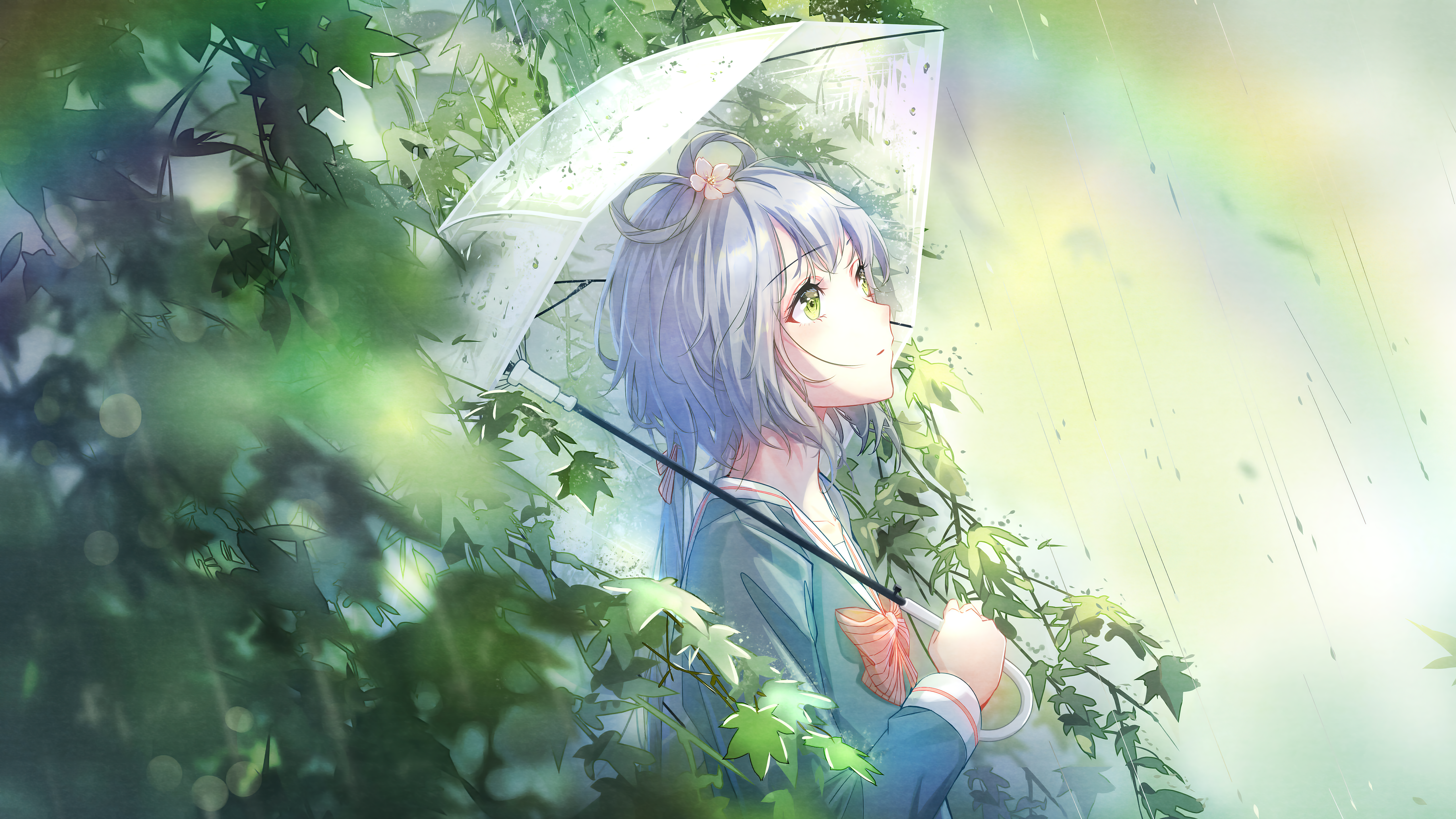 Anime Anime Girls Umbrella Rain Green Eyes Looking Away Depth Of Field Silver Hair Luo Tianyi Vocalo 5120x2880