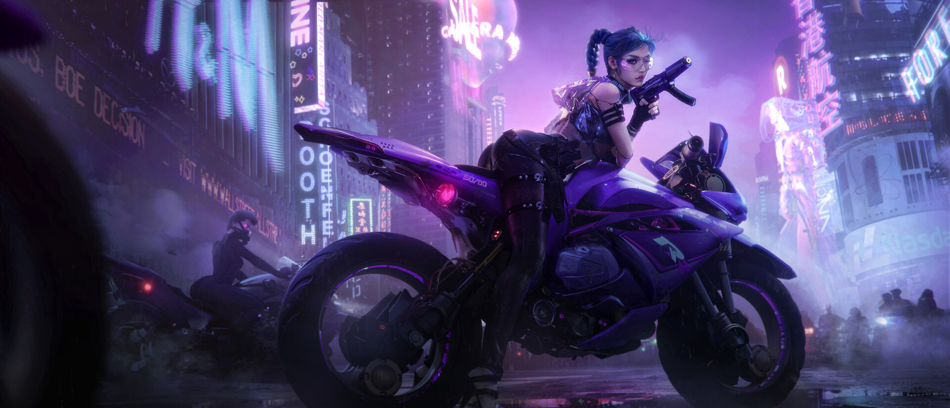 Tian Zi Cyberpunk Futuristic Cyber City ArtStation Cyber Woman Women Motorcycle 1920x825