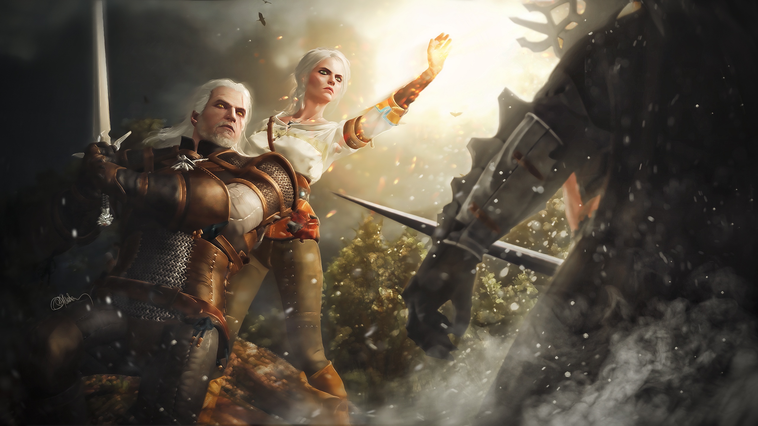 Ciri The Witcher Geralt Of Rivia Sorcerer Sword The Witcher 3 Wild Hunt Warrior White Hair 2560x1440