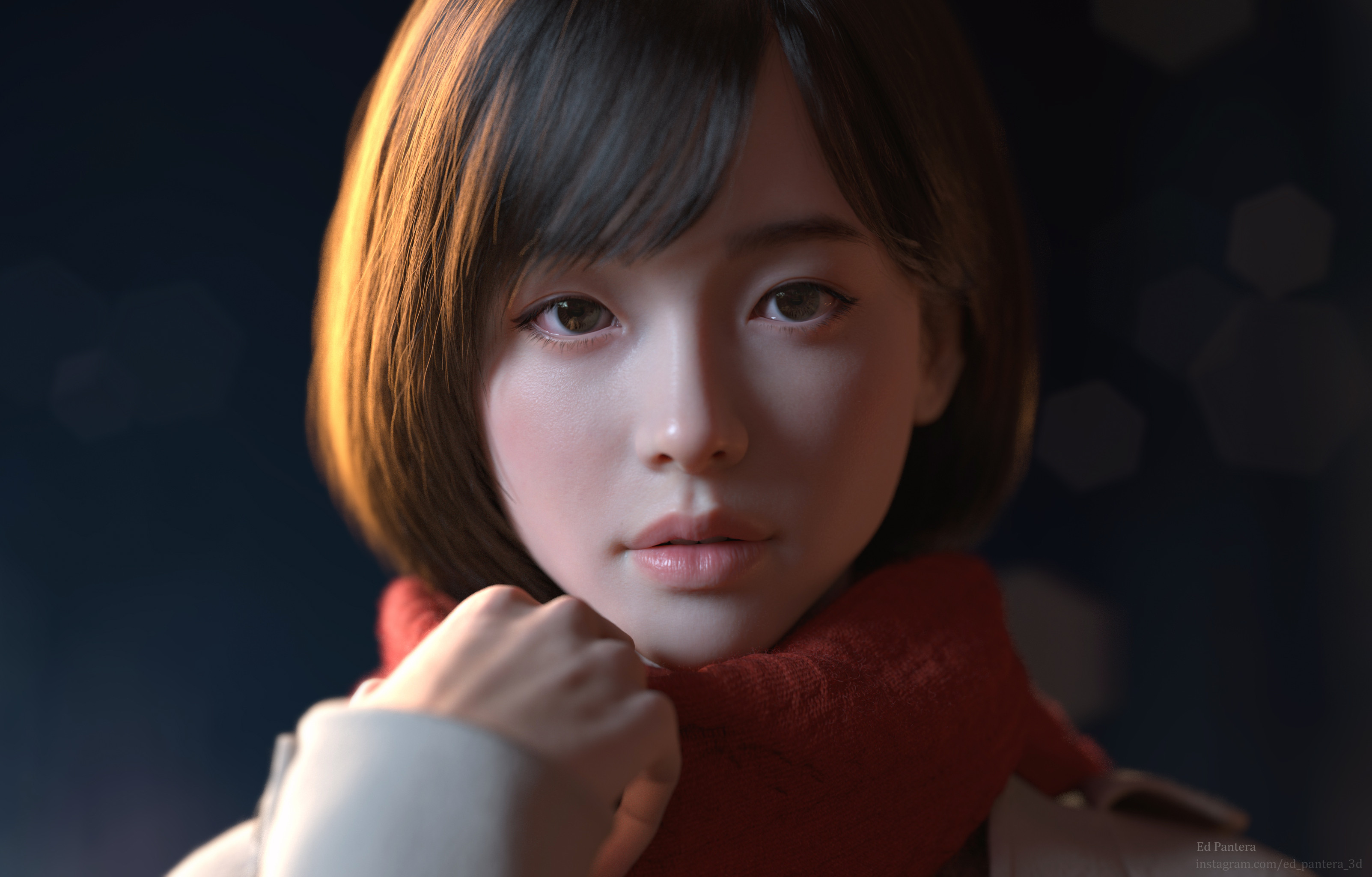 3D Graphics Winter Asian 3D CGi Render ArtStation Women Face Brunette Looking At Viewer Simple Backg 3205x2048