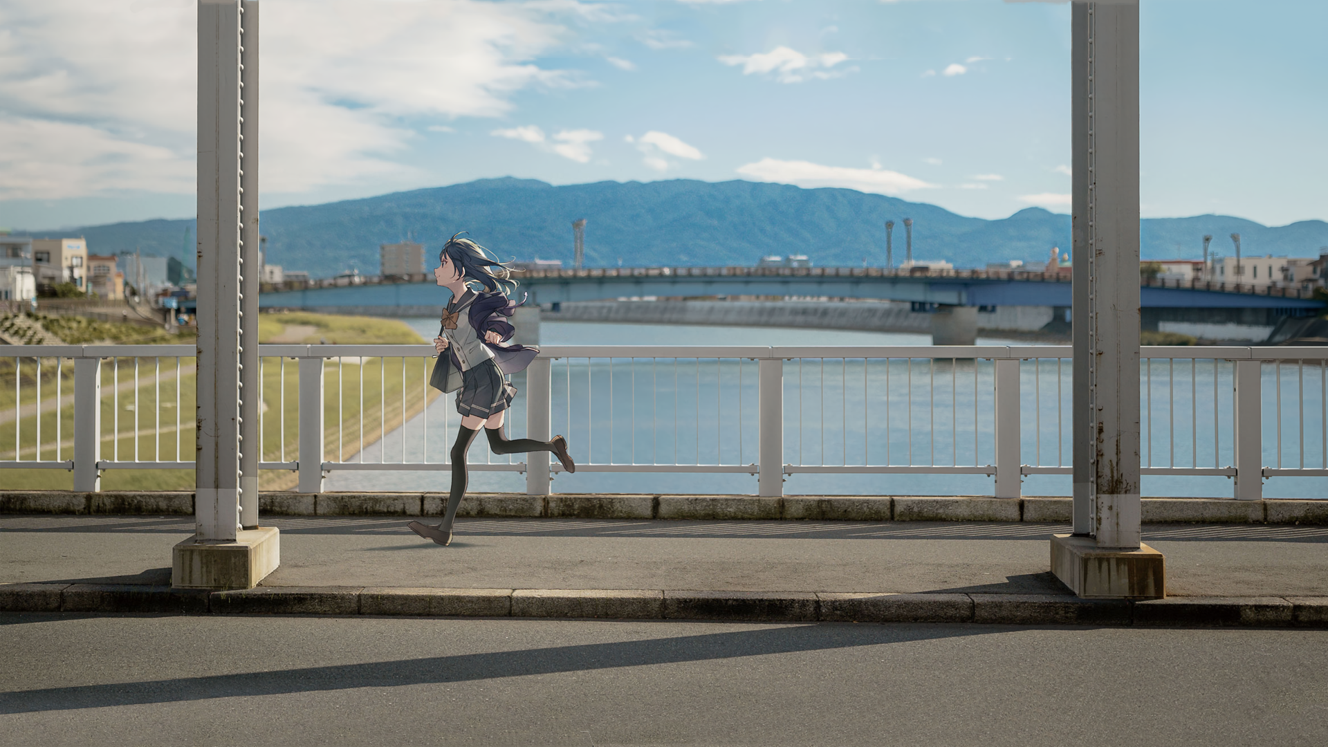 Black Hair Bridge Long Hair Mountain River School Uniform Yoshiko Tsushima 1920x1080