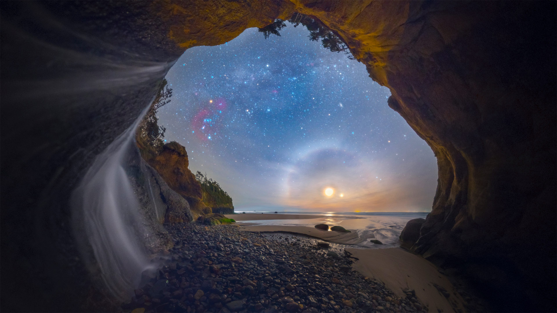 Cave Sea Nature Digital Art Sky Stars Outdoors Coast Beach 1920x1080