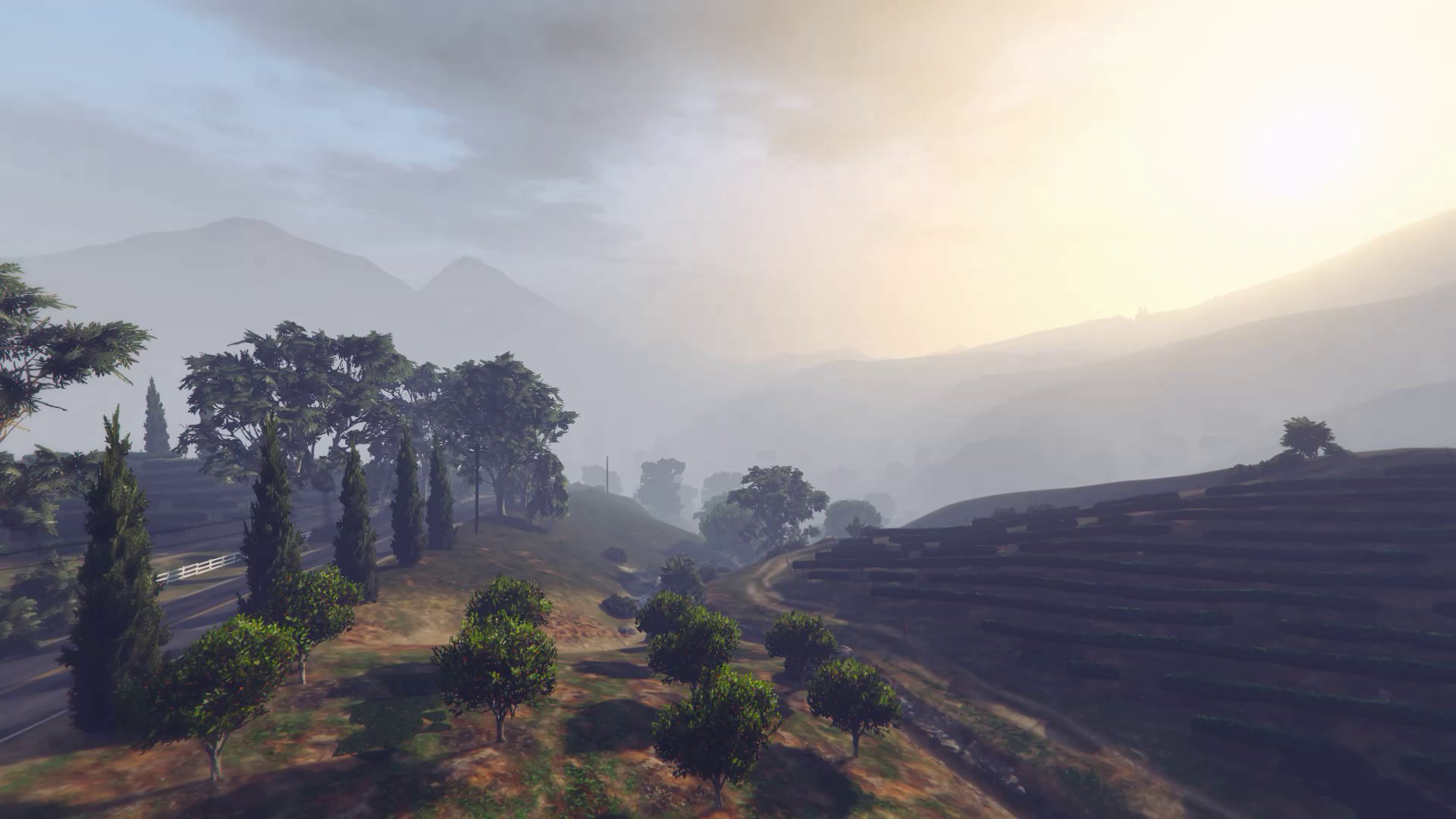 GTA5 GTA Online Trees Sunrise Mount Chiliad Grand Theft Auto V Grand Theft Auto V Online Tongva Hill 1920x1080