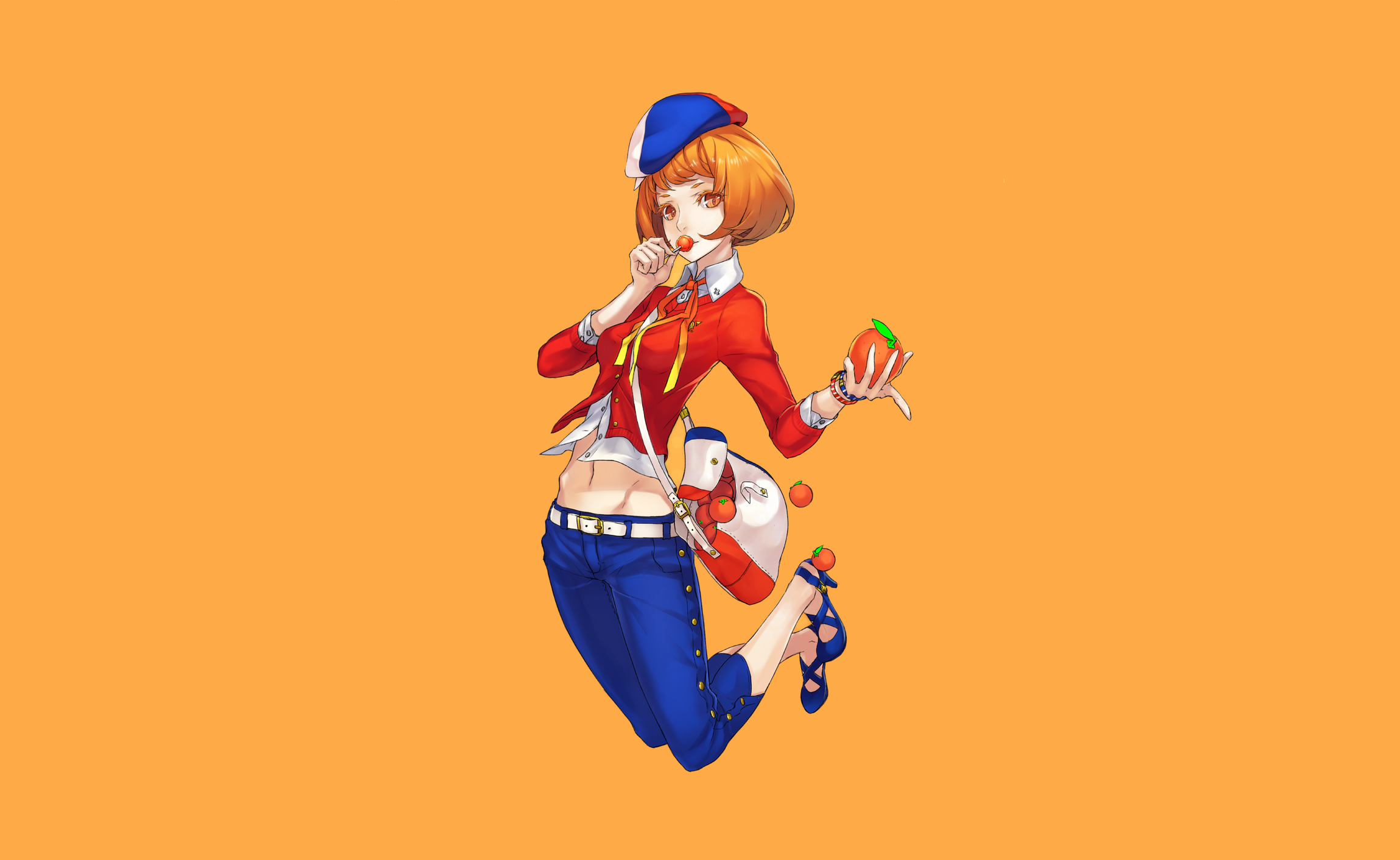 Bag Cap Girl Lollipop Orange Eyes Orange Hair Original Anime Short Hair Orange Fruit 2300x1412