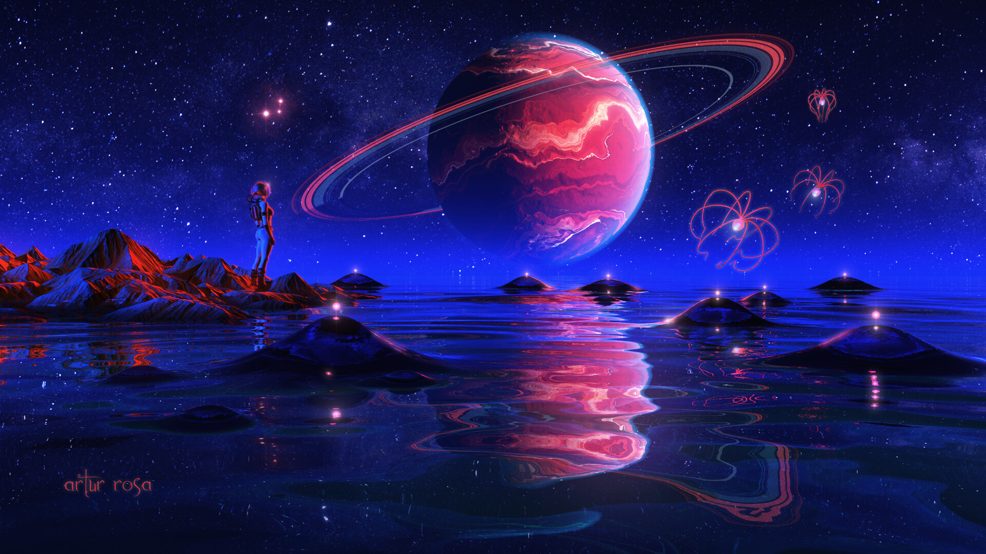 Digital Art Stars Planet Water Lights Science Fiction 1920x1080