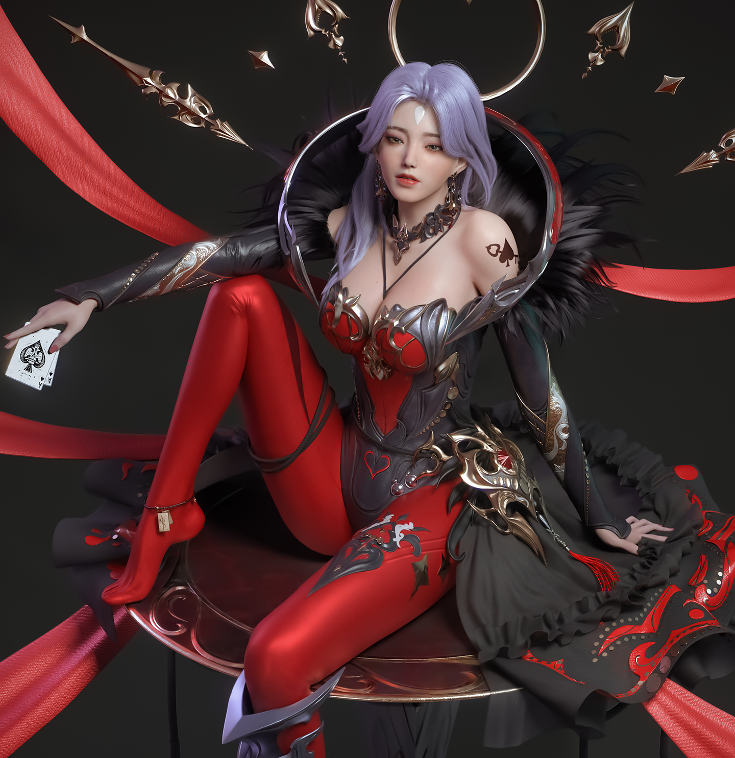 Cifangyi CGi Purple Hair Looking Away Dress Red Clothing Cards Aces Red Anklet Jewelry 1440x1485