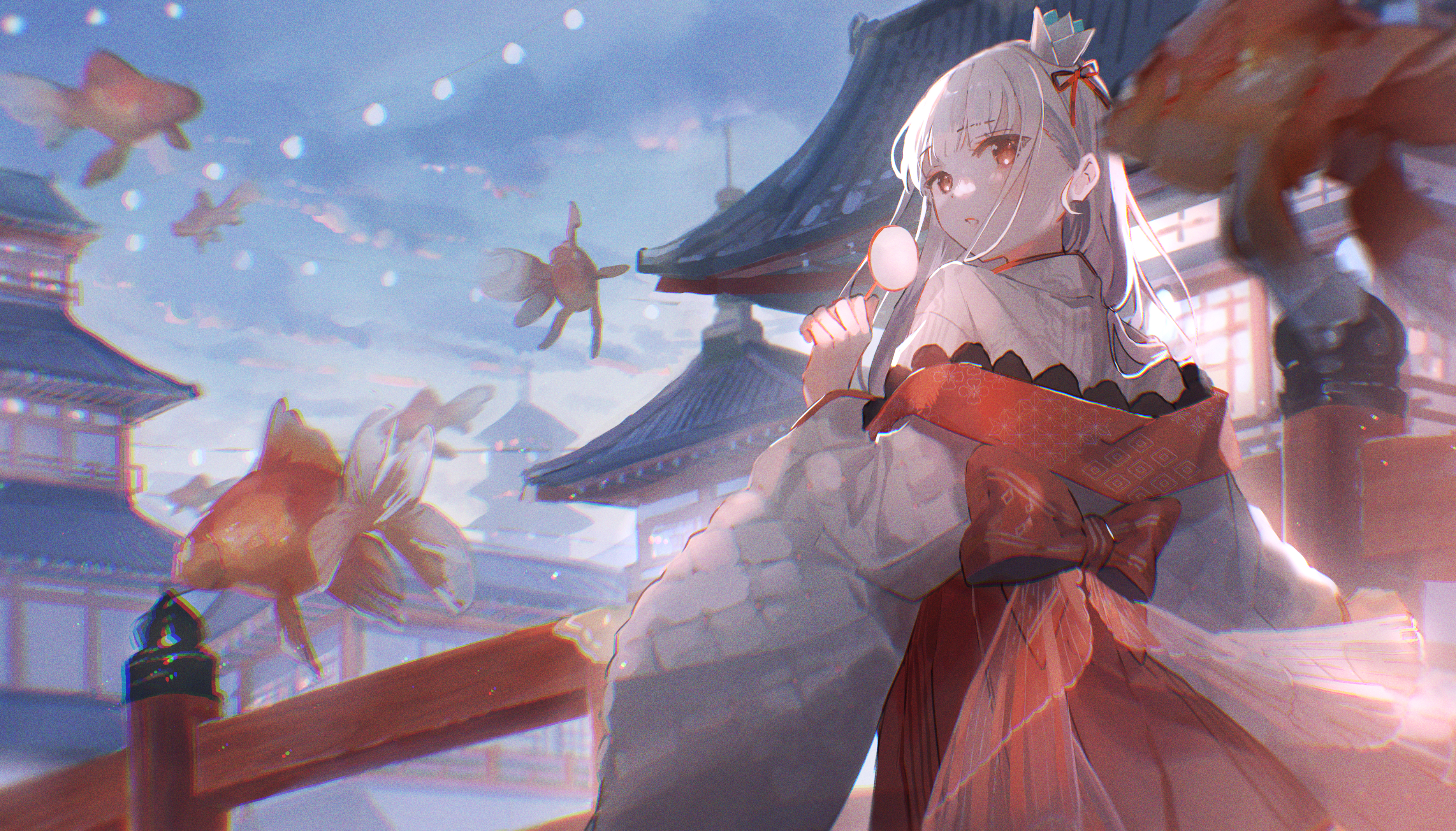 Anime Anime Girls Oyuyu Fish Silver Hair Red Eyes Japanese Clothes 3740x2135