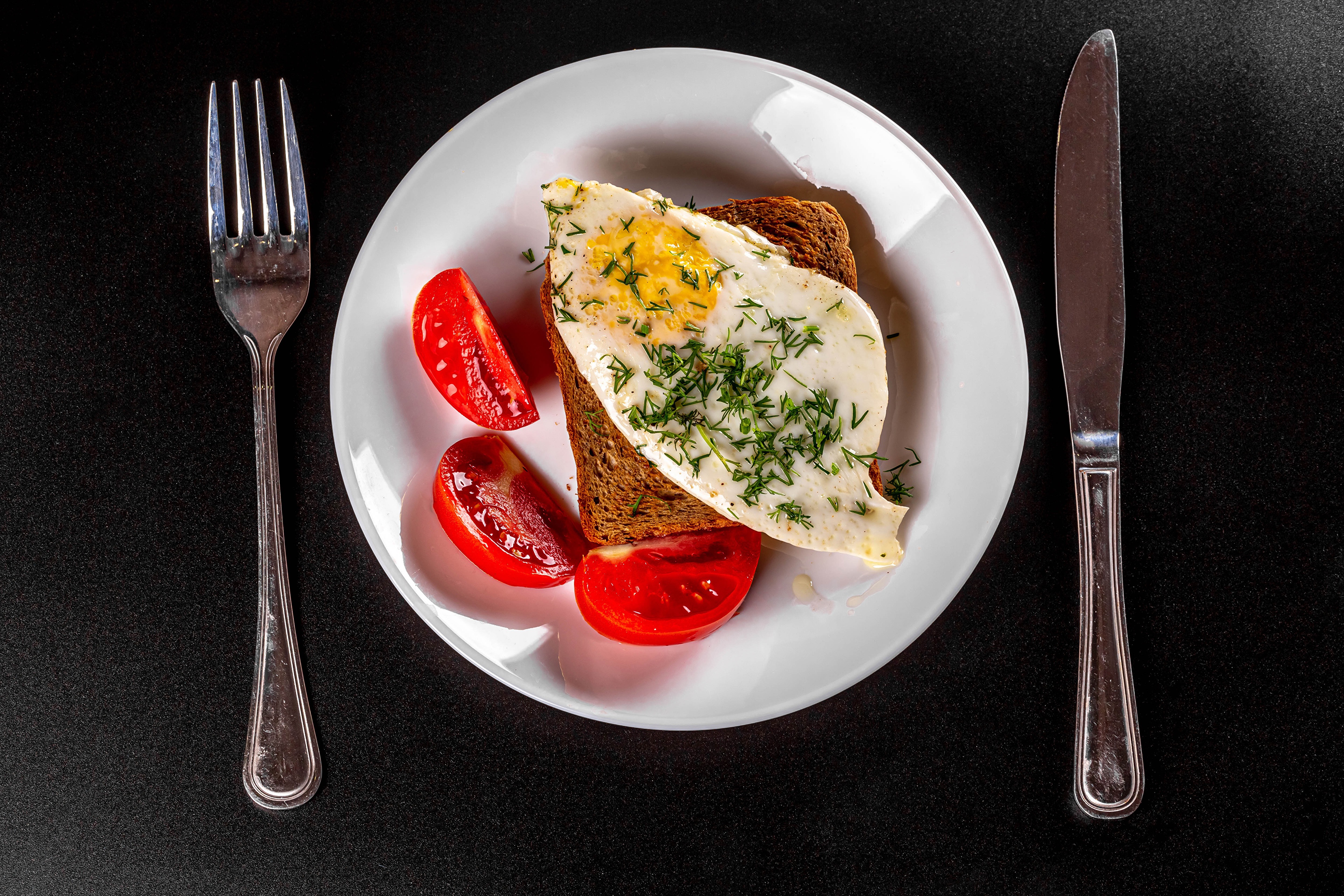 Bread Fork Fried Egg Knife Plate Tomato 3840x2560
