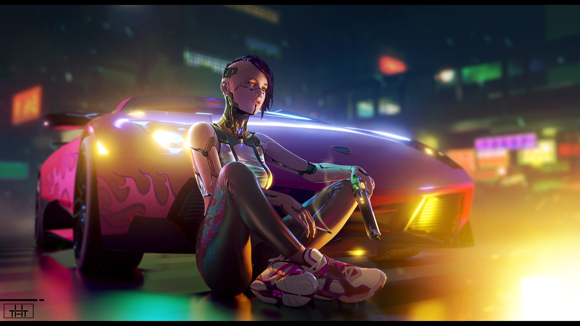 Yulin Li Drawing Cyberpunk Women Short Hair Weapon Cyborg Sneakers Car Pink Night 1920x1080