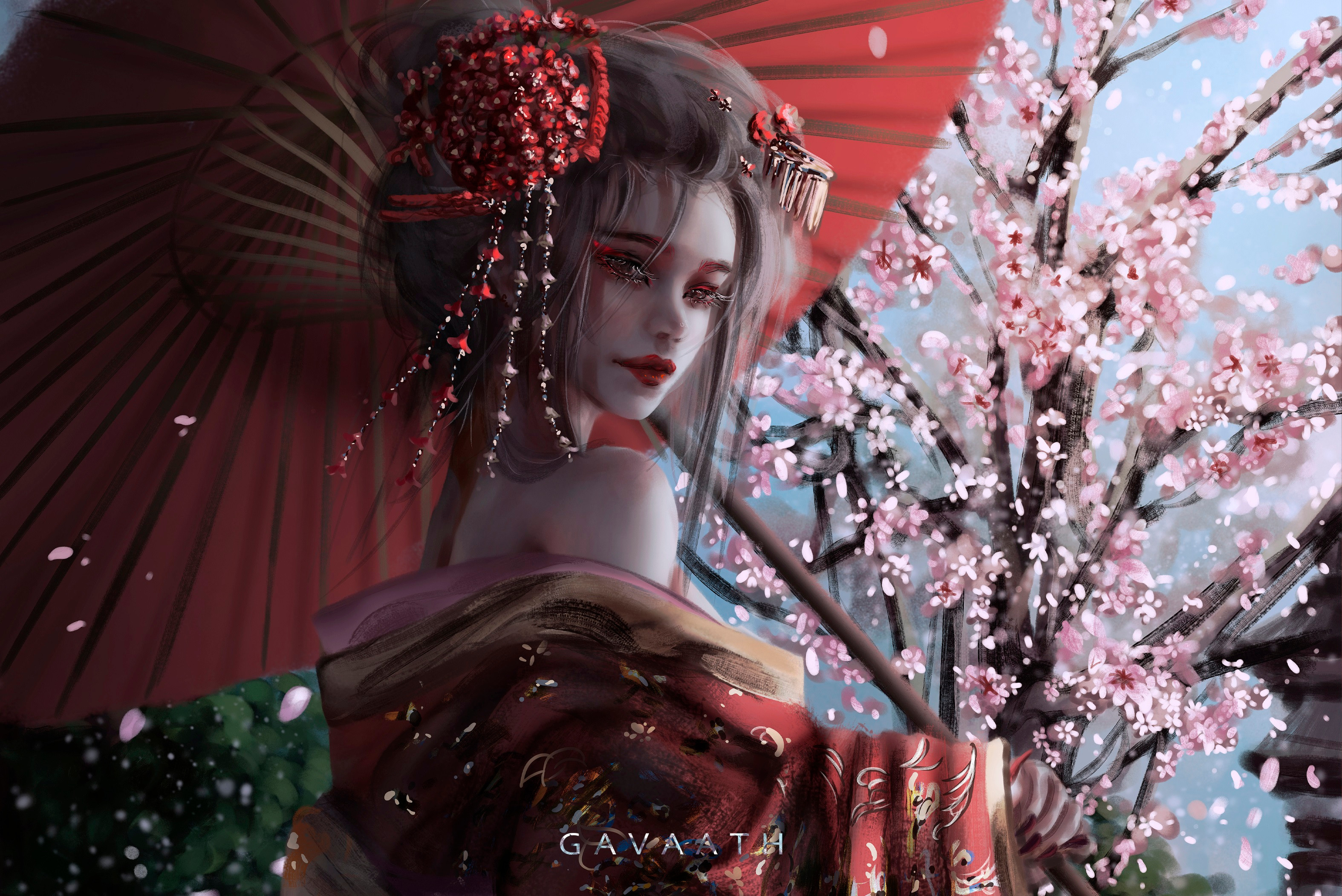 Digital Painting Geisha Original Characters Umbrella Sakura Tree Artwork Gavaath Artist 3149x2103