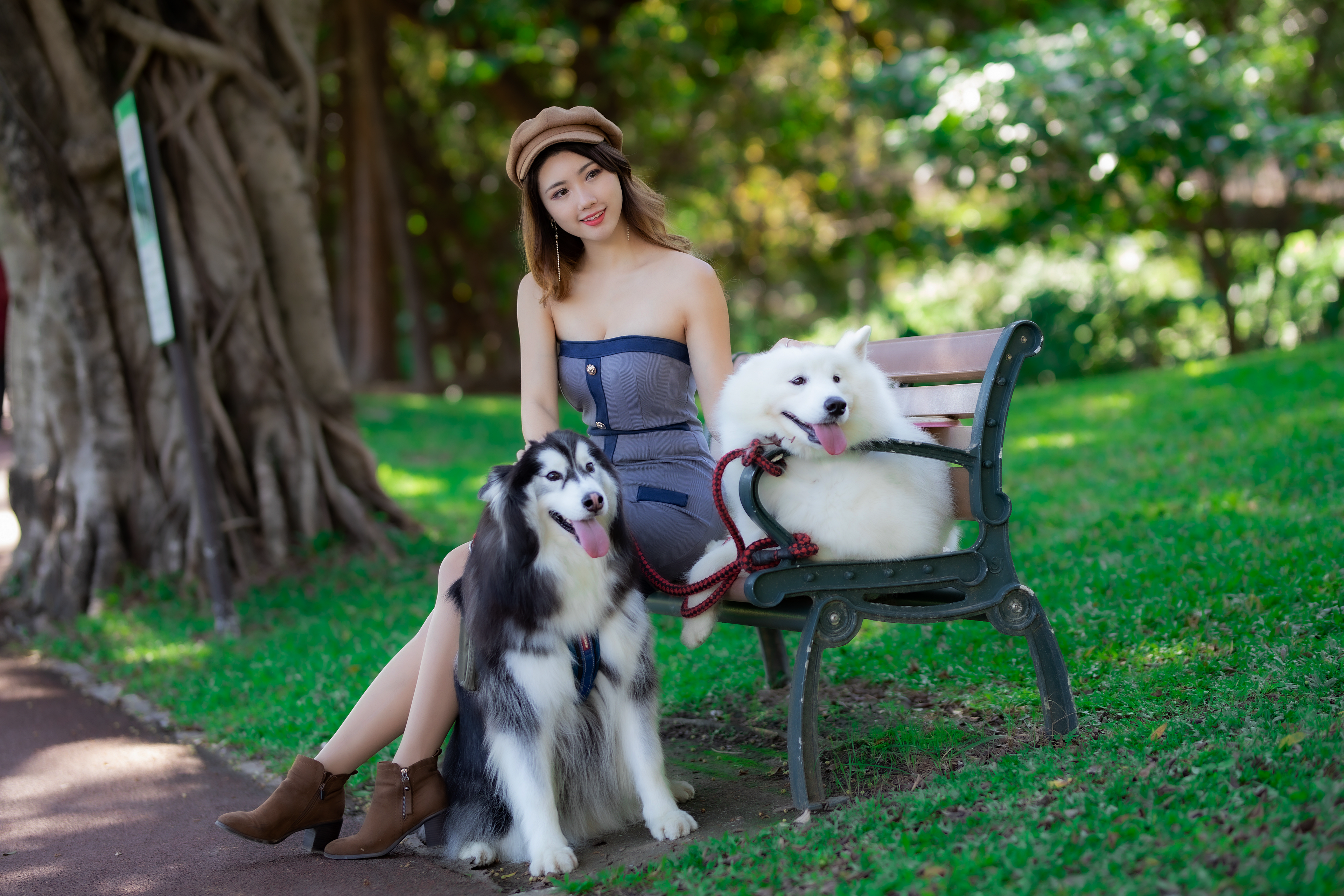 Asian Model Women Long Hair Brunette Sitting Bench Dog Trees Grass Shoes Berets Bare Shoulders Dress 3840x2560