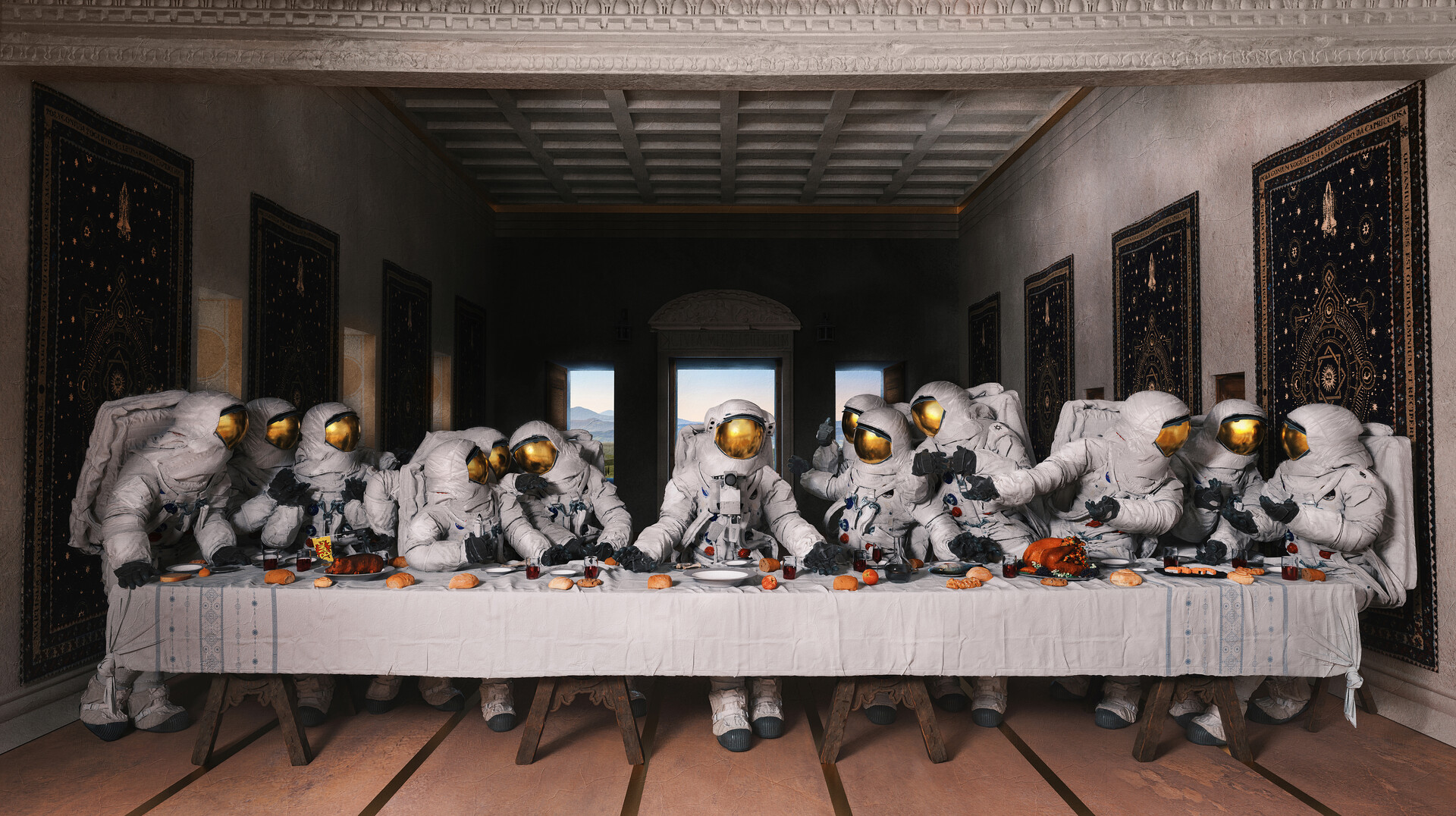 Artwork Fantasy Art Astronaut The Last Supper Parody 1920x1076