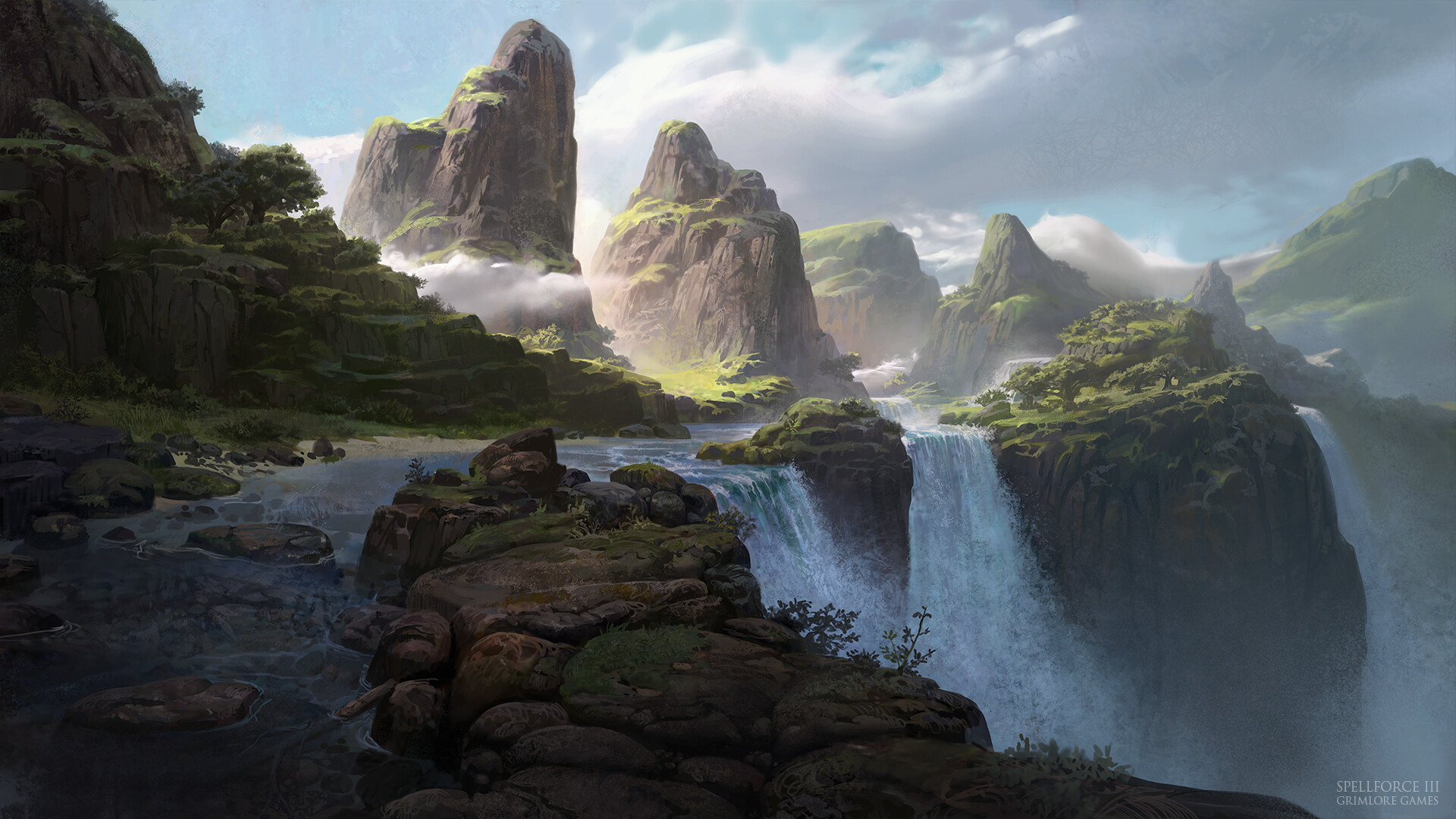Moritz Lacusteanu Waterfall Mountains Jungle Landscape Digital Art SpellForce 3 Video Game Art Light 1920x1080