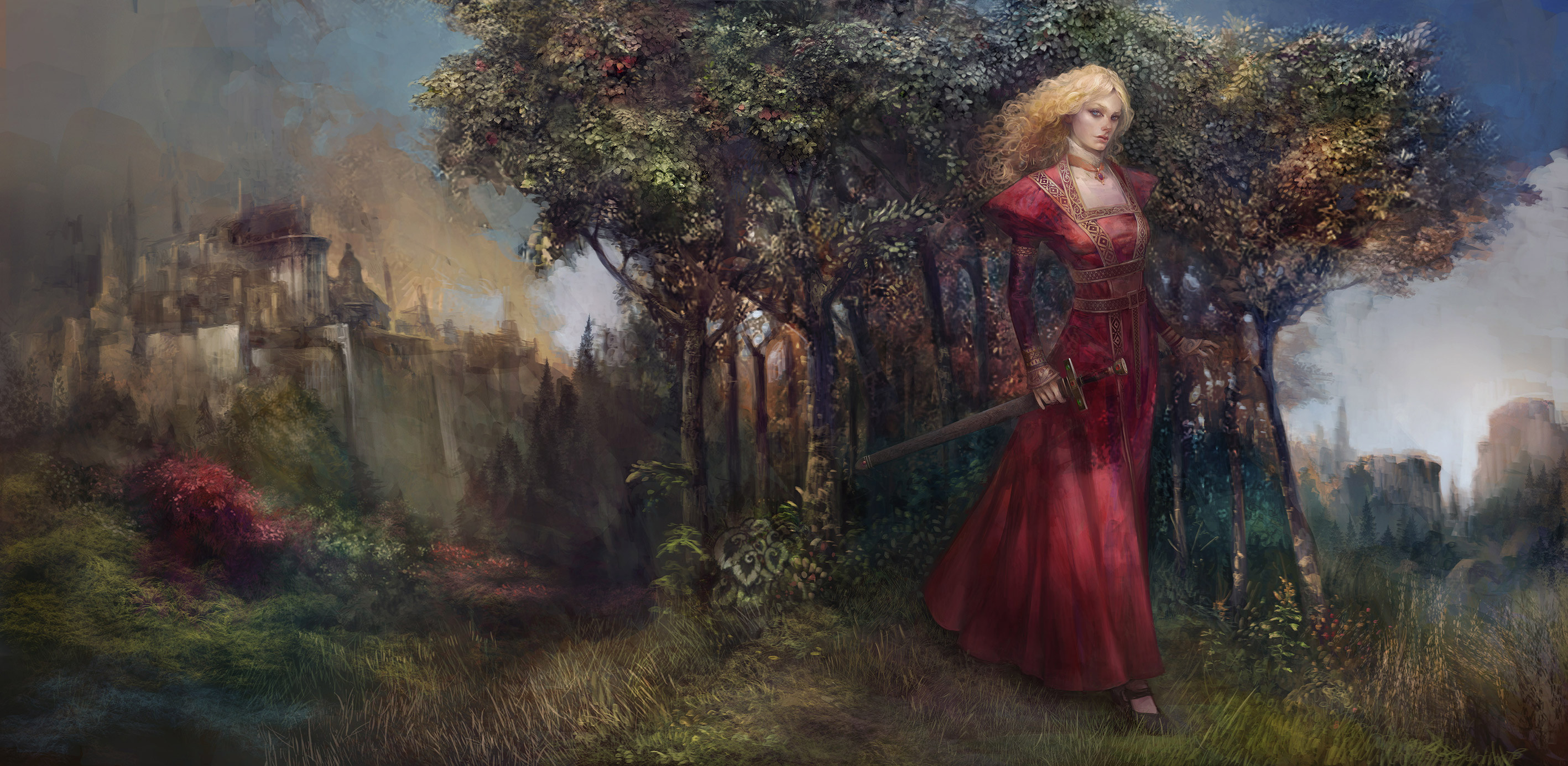 Othon Nikolaidis Sword Women Digital Painting Red Dress Castle Digital Art Drawing Blonde ArtStation 2835x1386