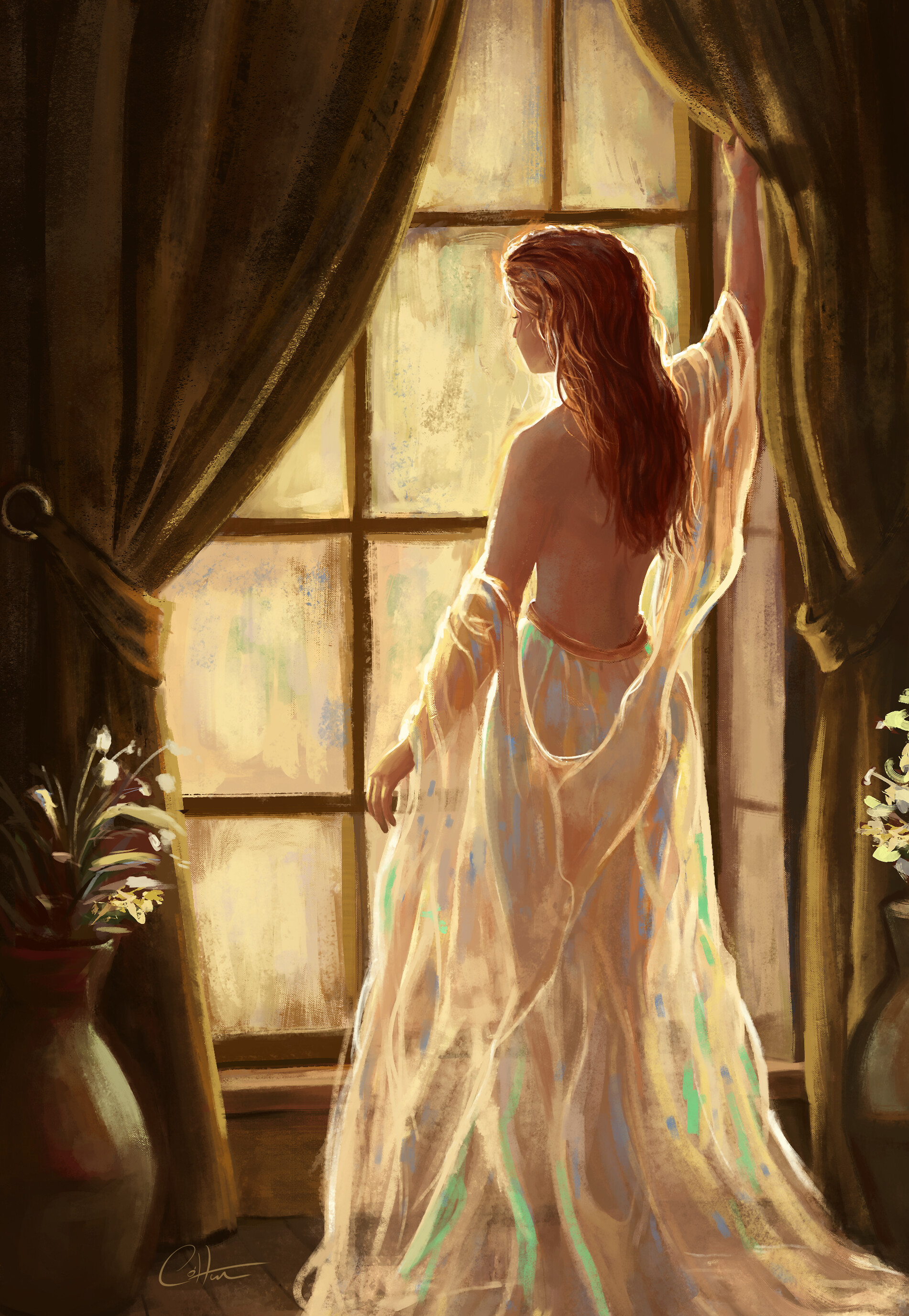 Cathal O Hanlon Women Standing By The Window Morning White Dress Digital Art Digital Painting Fan Ar 1901x2752