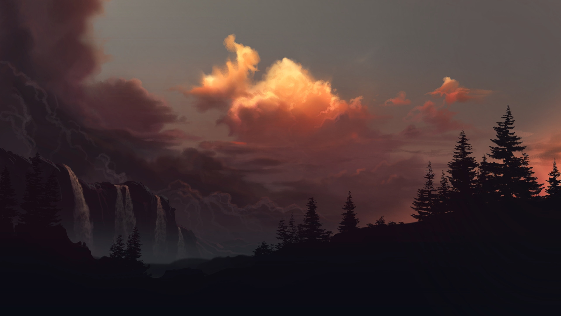 Artwork Digital Art Philipp A Ulrich Trees Clouds Sky Sunlight Waterfall 1920x1080