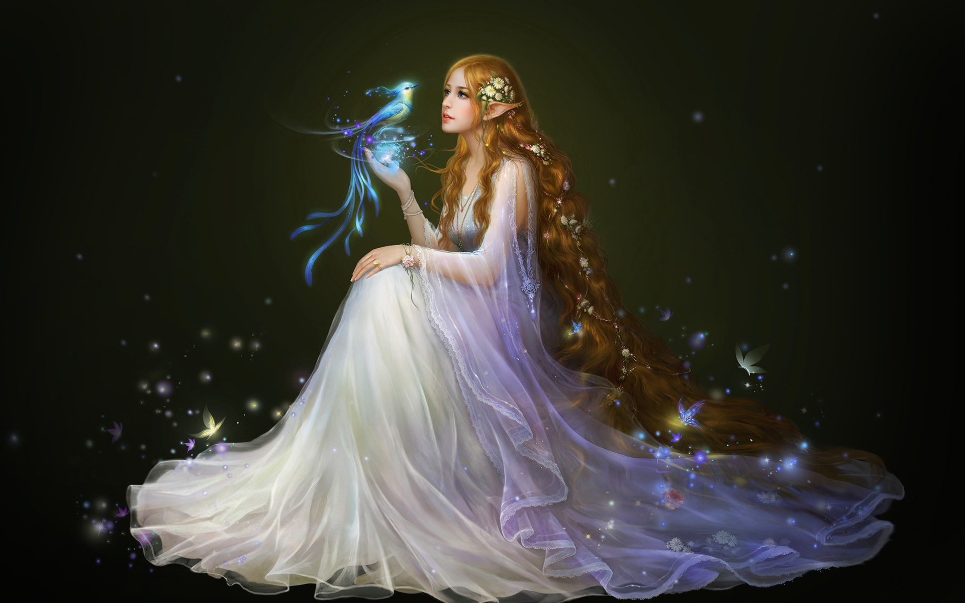 Blue Eyes Butterfly Elf Fairy Fantasy Girl Long Hair Orange Hair Woman 1920x1200