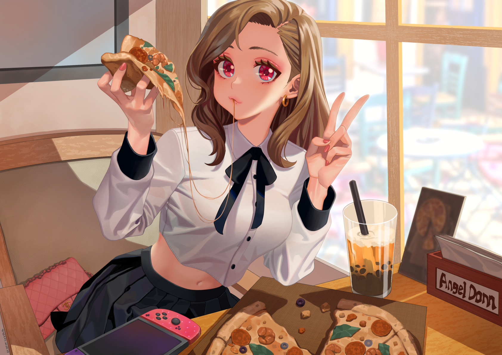 Anime Anime Girls Red Eyes Brunette Pizza Nintendo Switch Ear Piercing Drink Eating Handbags School  1684x1190