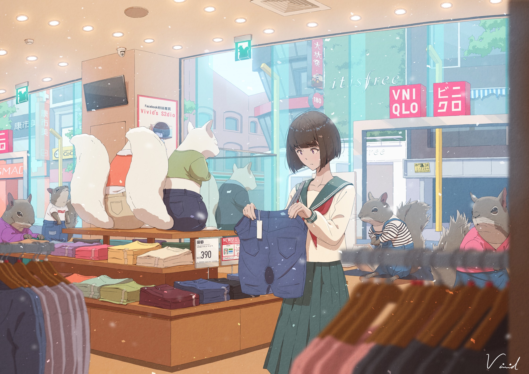 Anime Anime Girls Brunette Short Hair Squirrel Pants School Uniform Purple Eyes Stores Shopping 2242x1585