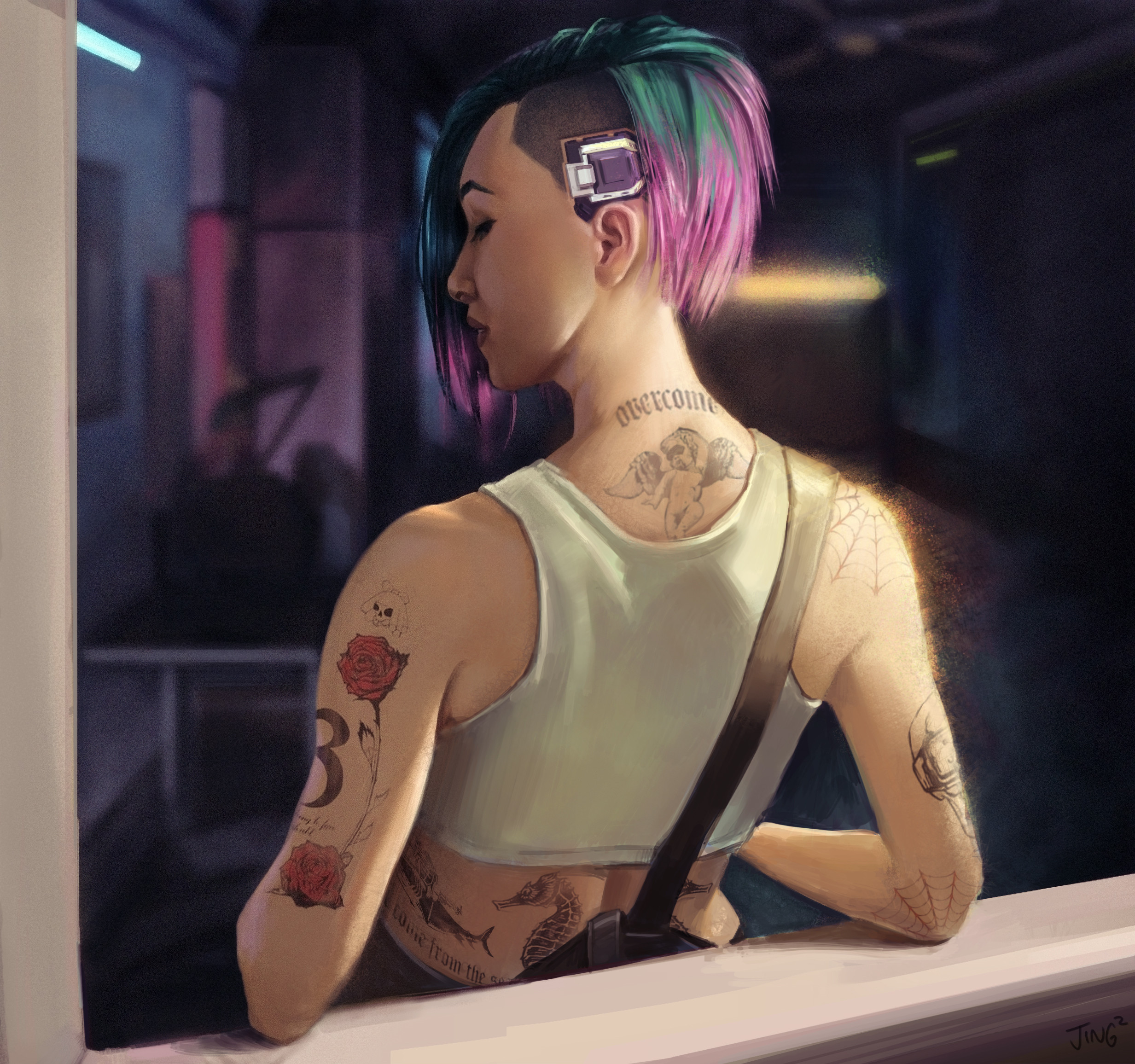 Drawing Tattoo Digital Art Fan Art Back Undercut Hairstyle Video Game Girls Game Art Dyed Hair Women 2465x2311