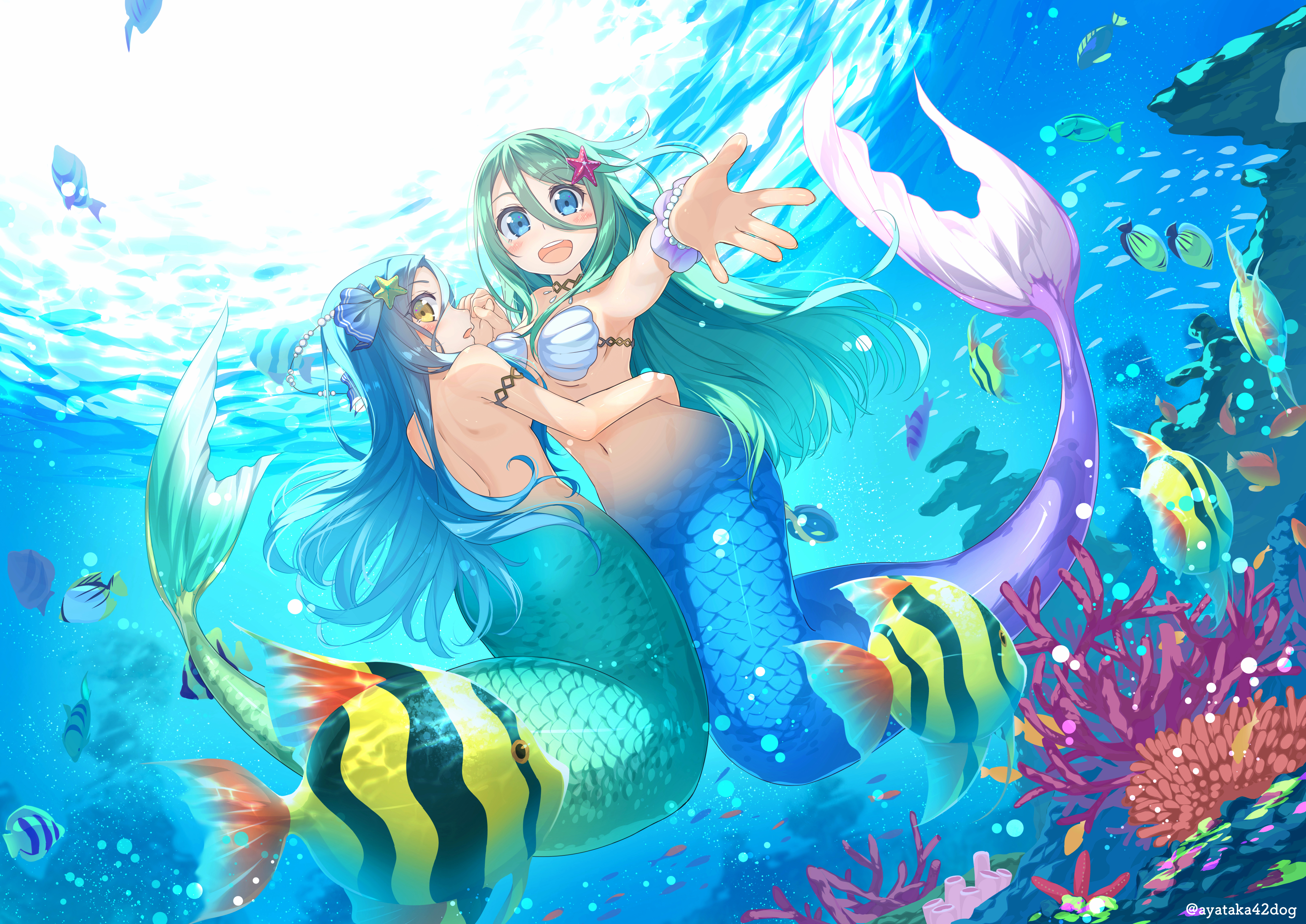 Anime Girls Mermaids Sea Fish Green Hair Blue Hair Underwater Original Characters Long Hair Tail Aya 3429x2426