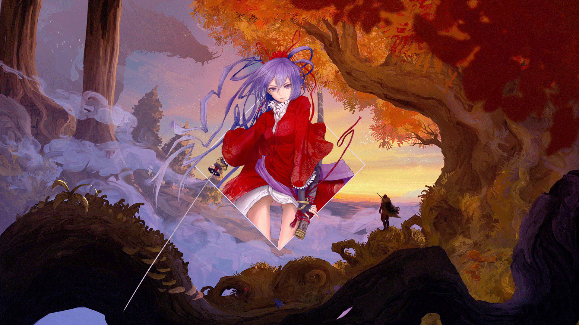 Anime Anime Girls Katana Red Dress Background Art Landscape Trees Samurai Picture In Picture Photosh 1920x1080