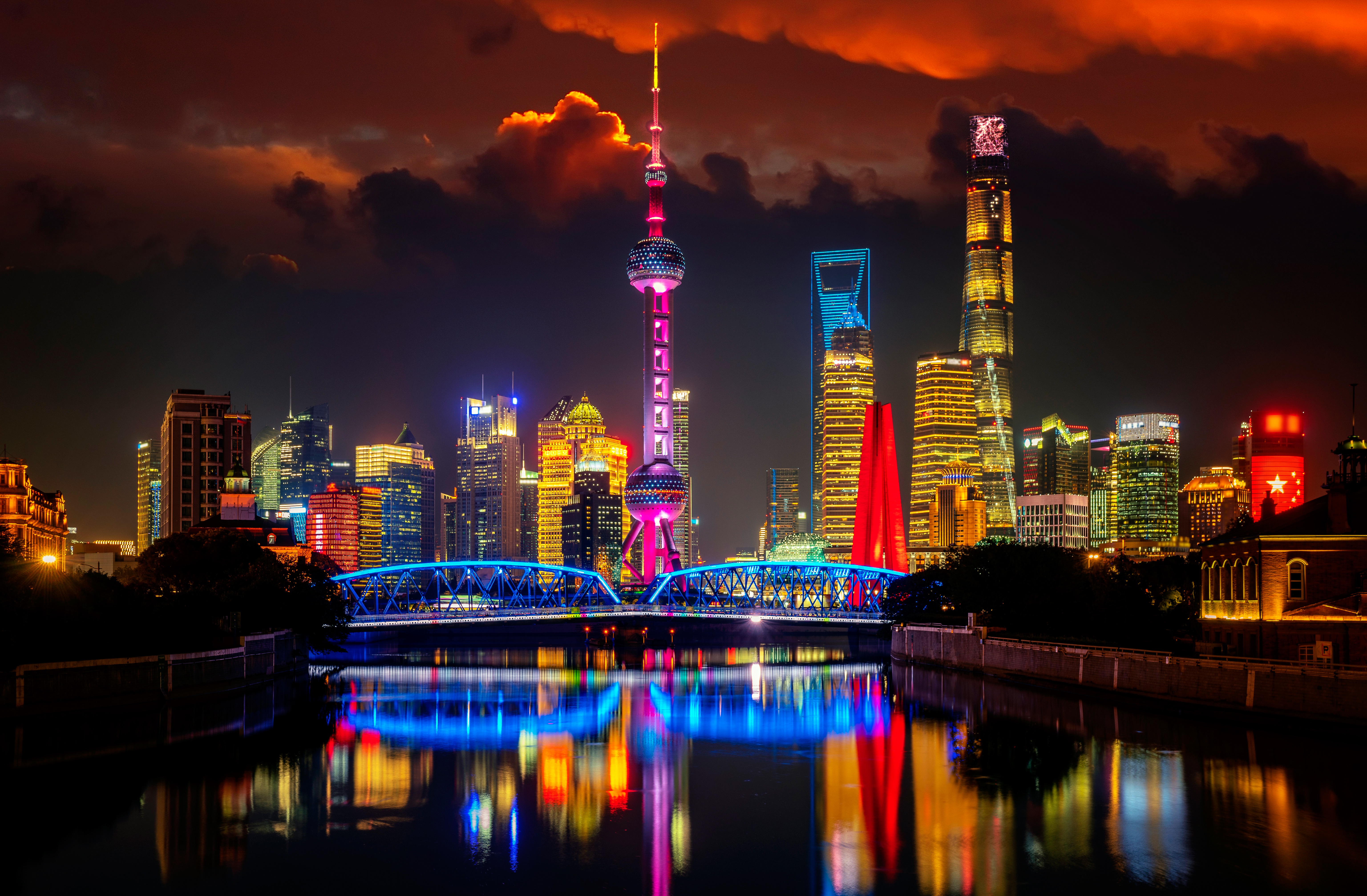 Bridge Building China City Night River Shanghai Skyscraper 6144x4027