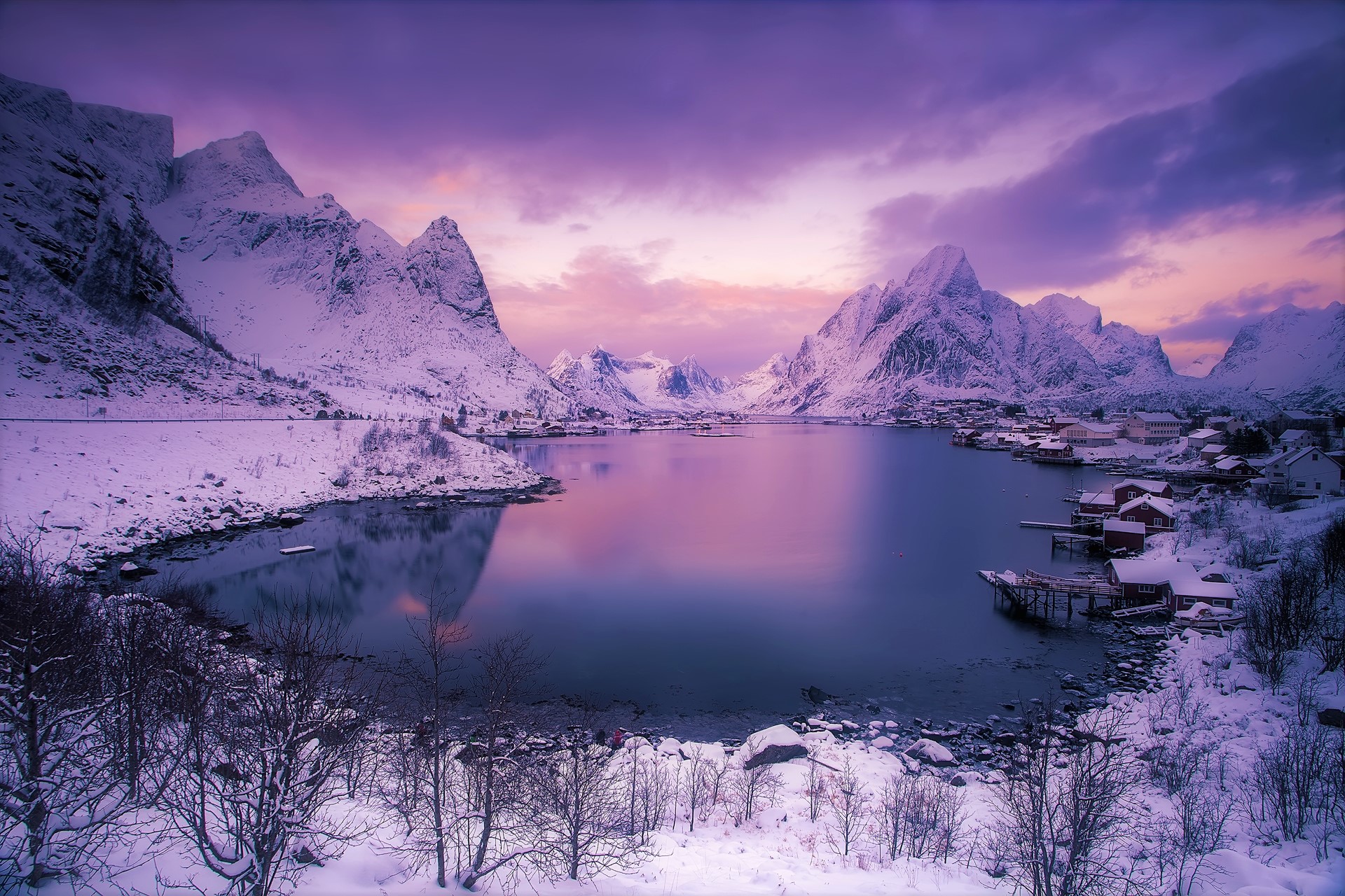 Cloud Dusk Earth Lake Mountain Reine Snow Sunset Winter 1920x1280